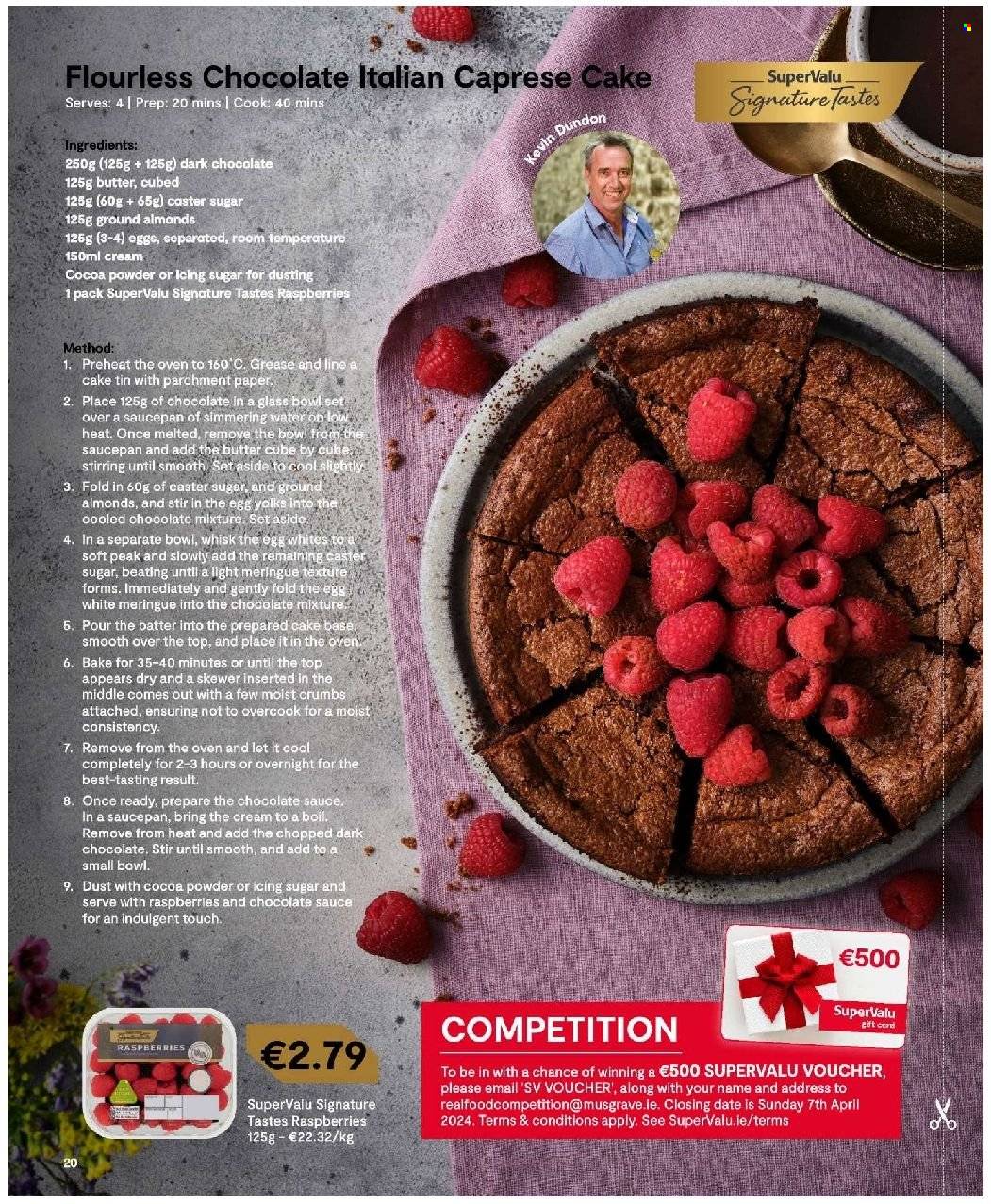 thumbnail - SuperValu offer  - Sales products - meringue, butter, icing sugar, caster sugar, almonds, water, bowl, eggs. Page 20.