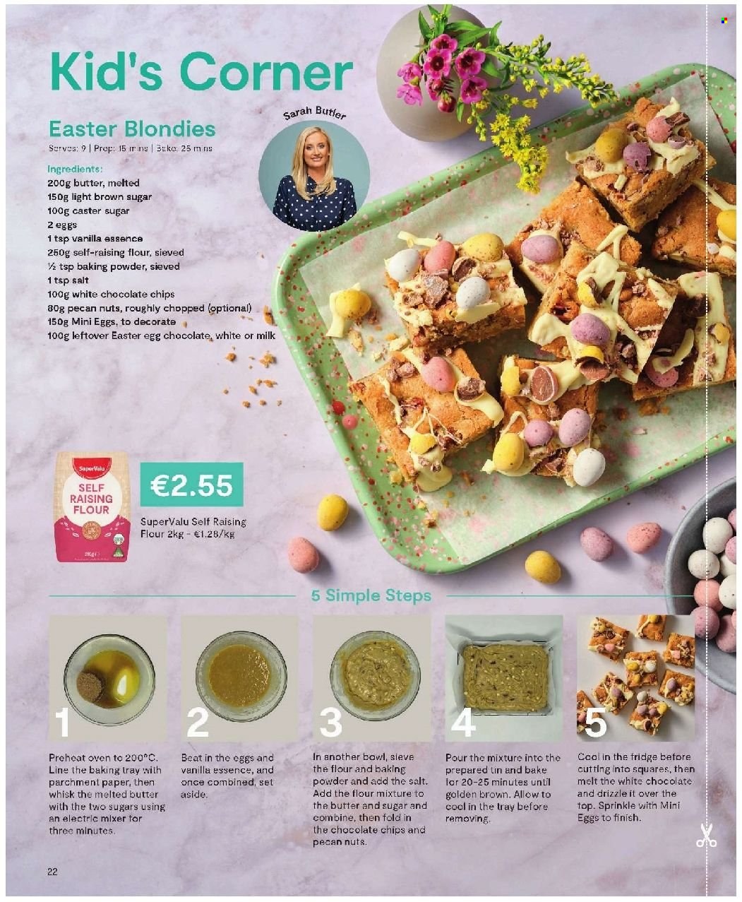 thumbnail - SuperValu offer  - Sales products - white chocolate, chocolate chips, easter egg, cane sugar, flour, caster sugar, pecans, bowl. Page 22.