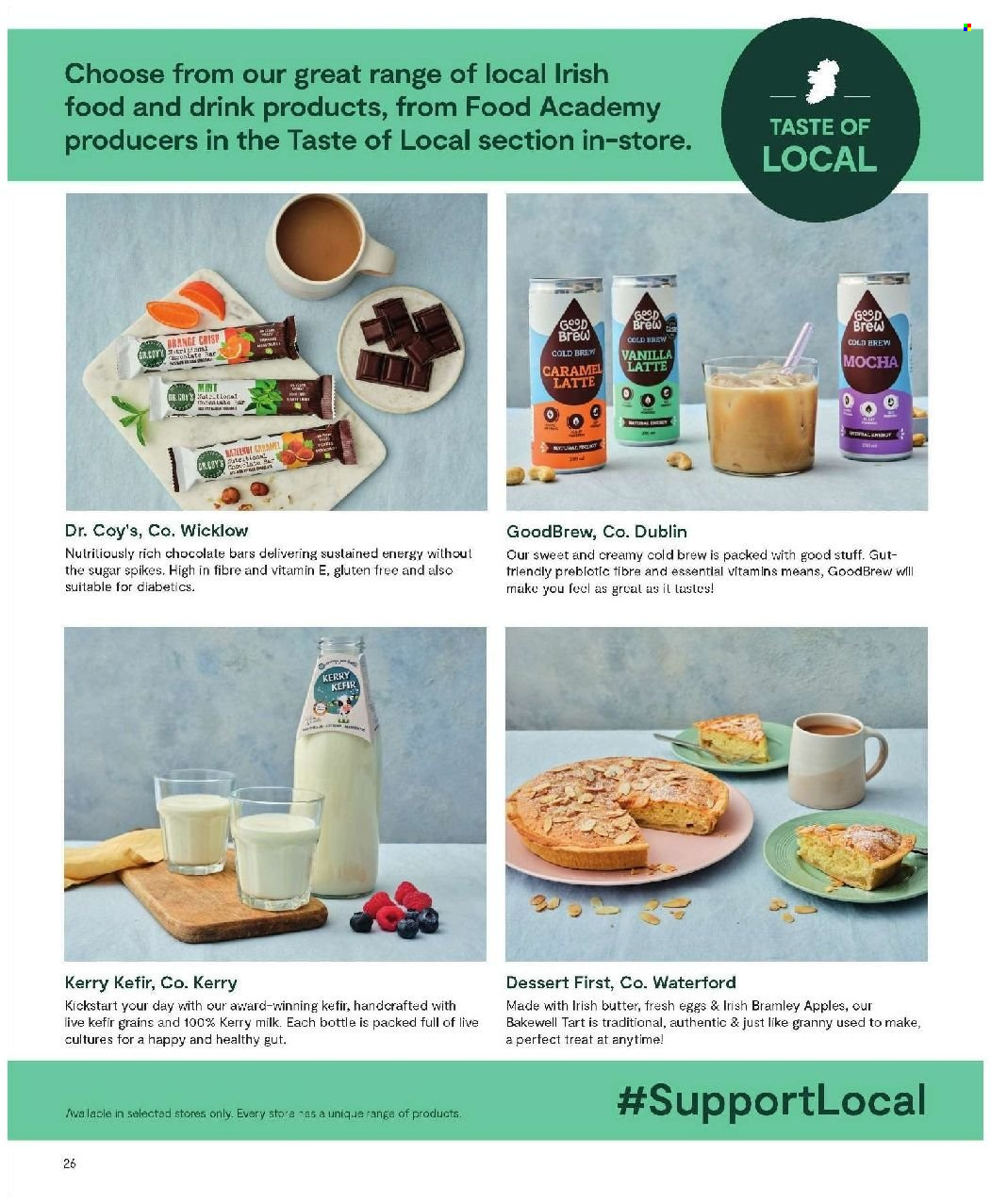 thumbnail - SuperValu offer  - Sales products - tart, dessert, apples, milk, kefir, irish butter, chocolate bar, bars, mint, caramel, coffee drink, dietary supplement, vitamins, eggs. Page 26.
