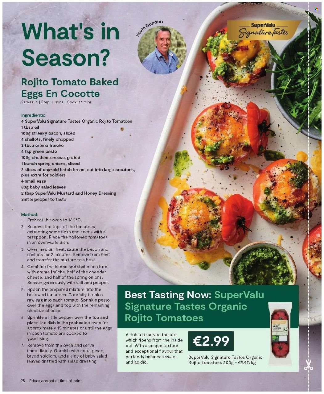 thumbnail - SuperValu offer  - Sales products - tomatoes, green onion, bacon, streaky bacon, cheddar, crème fraîche, croutons, mustard, salad dressing, pesto, dressing, oil, honey, eggs. Page 28.
