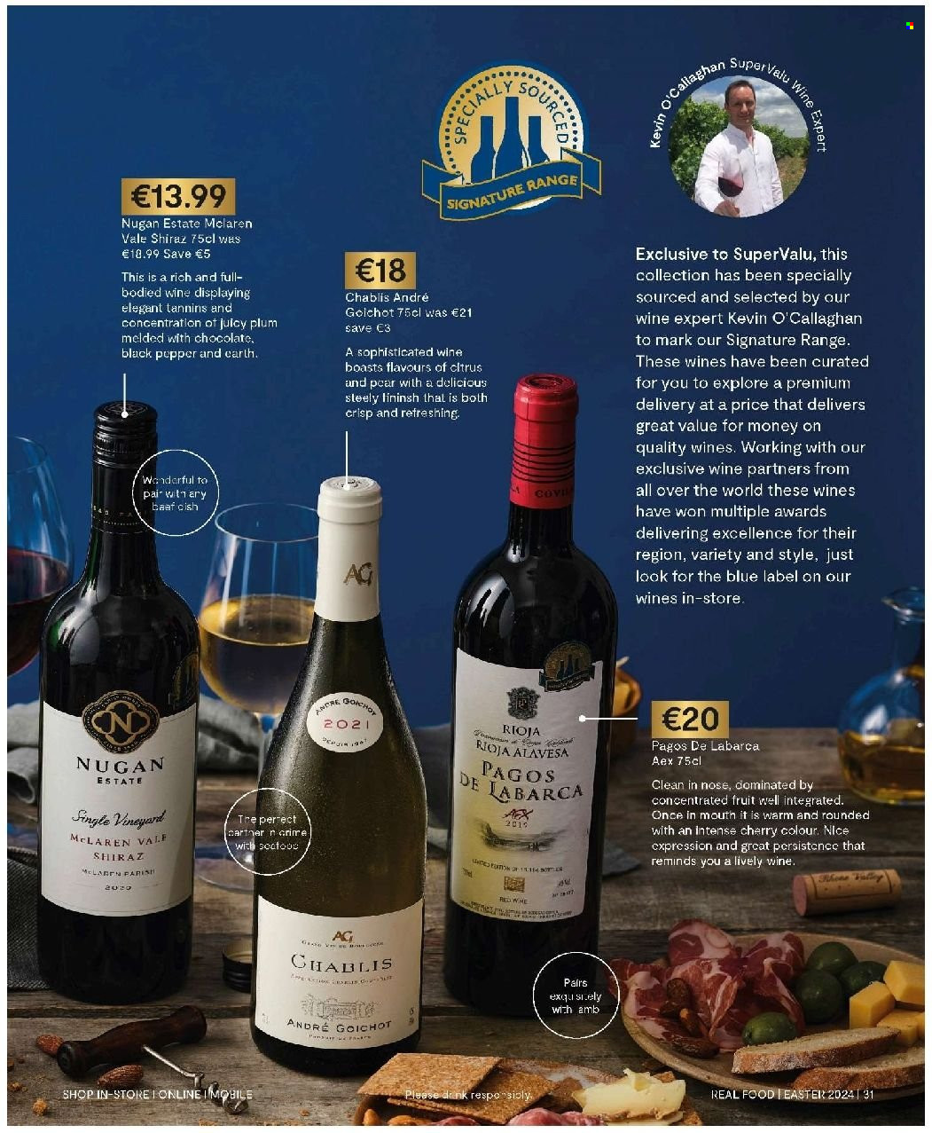 thumbnail - SuperValu offer  - Sales products - pears, black pepper, red wine, white wine, wine, alcohol, Shiraz, Chablis, label. Page 31.