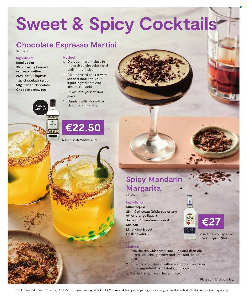 thumbnail - SuperValu offer  - Sales products - mandarines, sea salt, chilli powder, chocolate syrup, syrup, lime juice, alcohol, liqueur, tequila, Triple Sec, Cointreau, Martini. Page 32.
