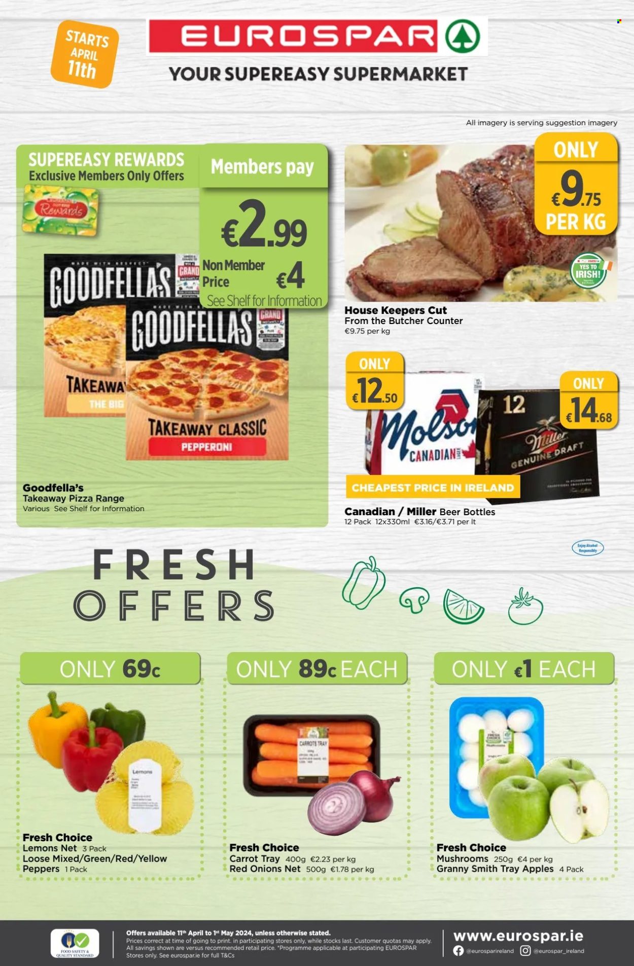 thumbnail - EUROSPAR offer  - 11.04.2024 - 01.05.2024 - Sales products - carrots, onion, peppers, apples, Granny Smith, pizza, wine, alcohol, beer, Miller, house keepers cut, tray. Page 1.