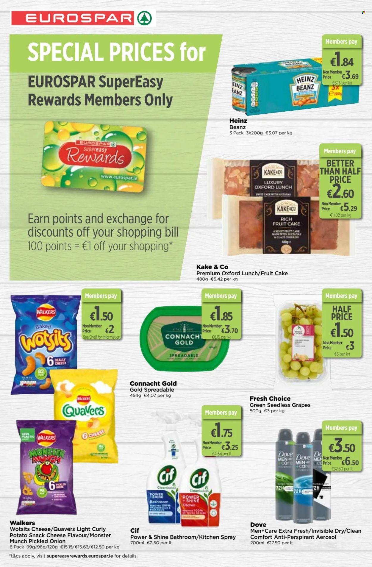 thumbnail - EUROSPAR offer  - 11.04.2024 - 01.05.2024 - Sales products - cake, onion, grapes, seedless grapes, Dove, Monster Munch, Heinz, sultanas, dried fruit, Monster, liquid cleaner, Cif, anti-perspirant. Page 4.