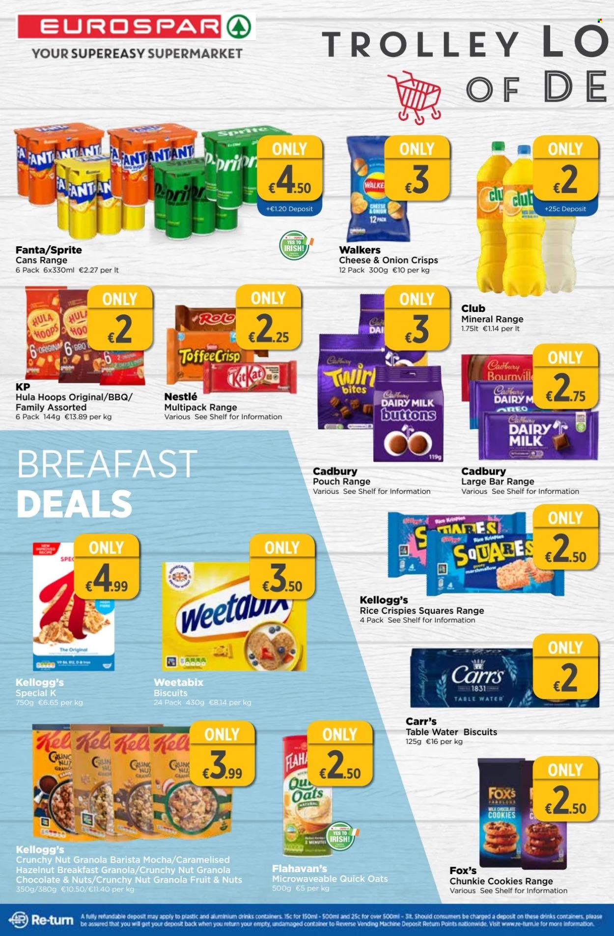 thumbnail - EUROSPAR offer  - 11.04.2024 - 01.05.2024 - Sales products - cookies, marshmallows, Nestlé, chocolate, chocolate cookies, Kellogg's, biscuit, Cadbury, Dairy Milk, bars, Hula Hoops, crisps, granola, corn flakes, Rice Krispies, Weetabix, Quick Oats, Sprite, Fanta, soft drink, water, carbonated soft drink, container. Page 6.