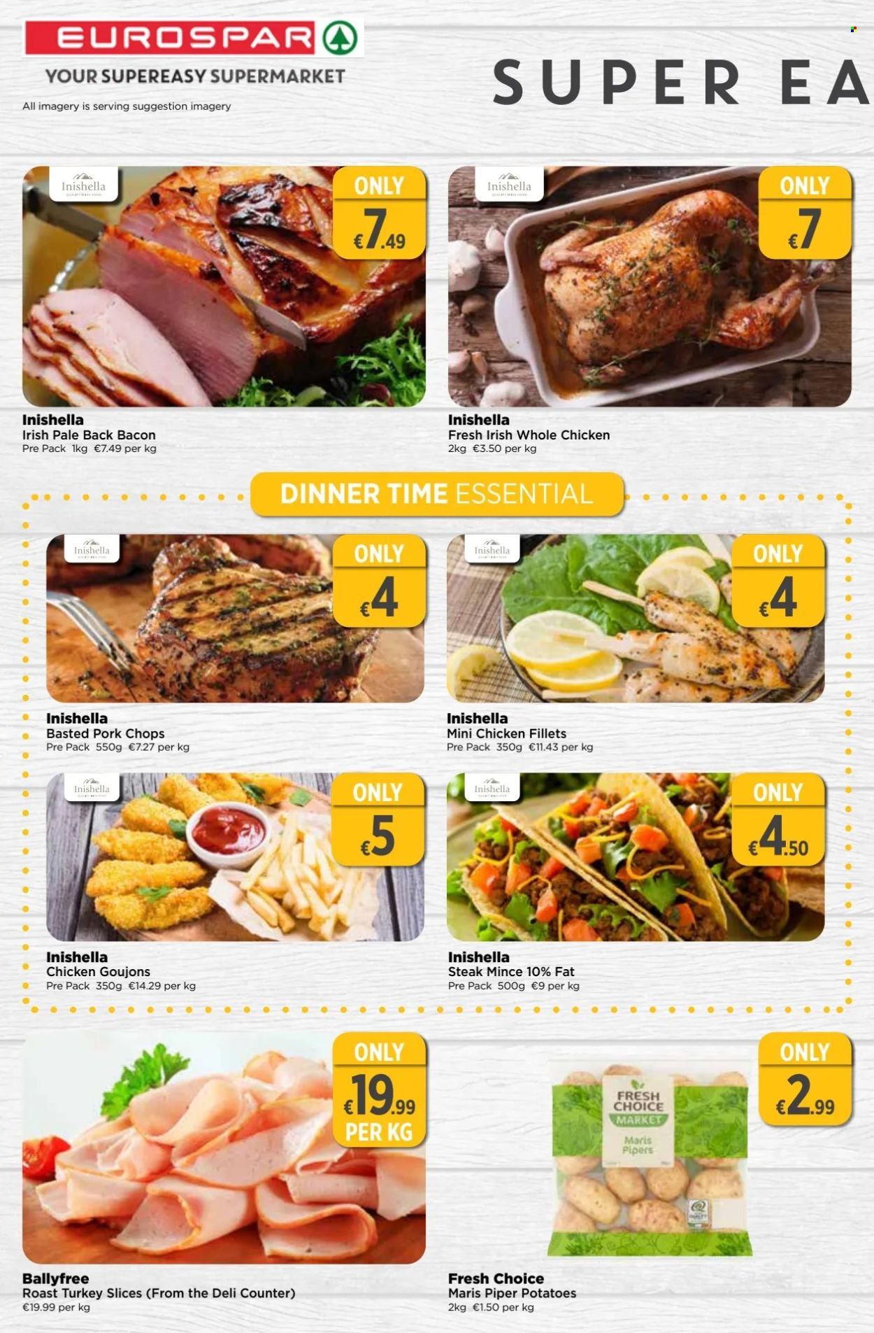thumbnail - EUROSPAR offer  - 11.04.2024 - 01.05.2024 - Sales products - potatoes, roast, breaded chicken, bacon, wine, alcohol, whole chicken, turkey, chicken fillet, ground beef, pork chops, pork meat. Page 8.