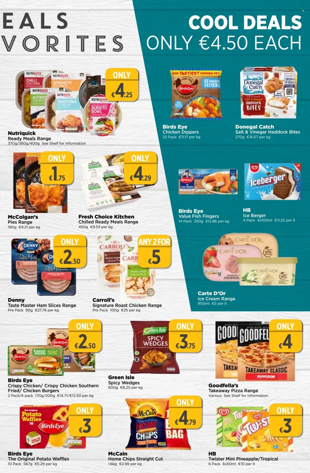 thumbnail - EUROSPAR offer  - 11.04.2024 - 01.05.2024 - Sales products - pie, waffles, haddock, spaghetti, pizza, chicken roast, hamburger, pasta, fried chicken, Bird's Eye, fish fingers, Fresh Choice Kitchen, burrito, roast, ready meal, ham, chicken dippers, Donegal Catch, McCain, frozen chips, chips, Twister, bag, bowl. Page 11.
