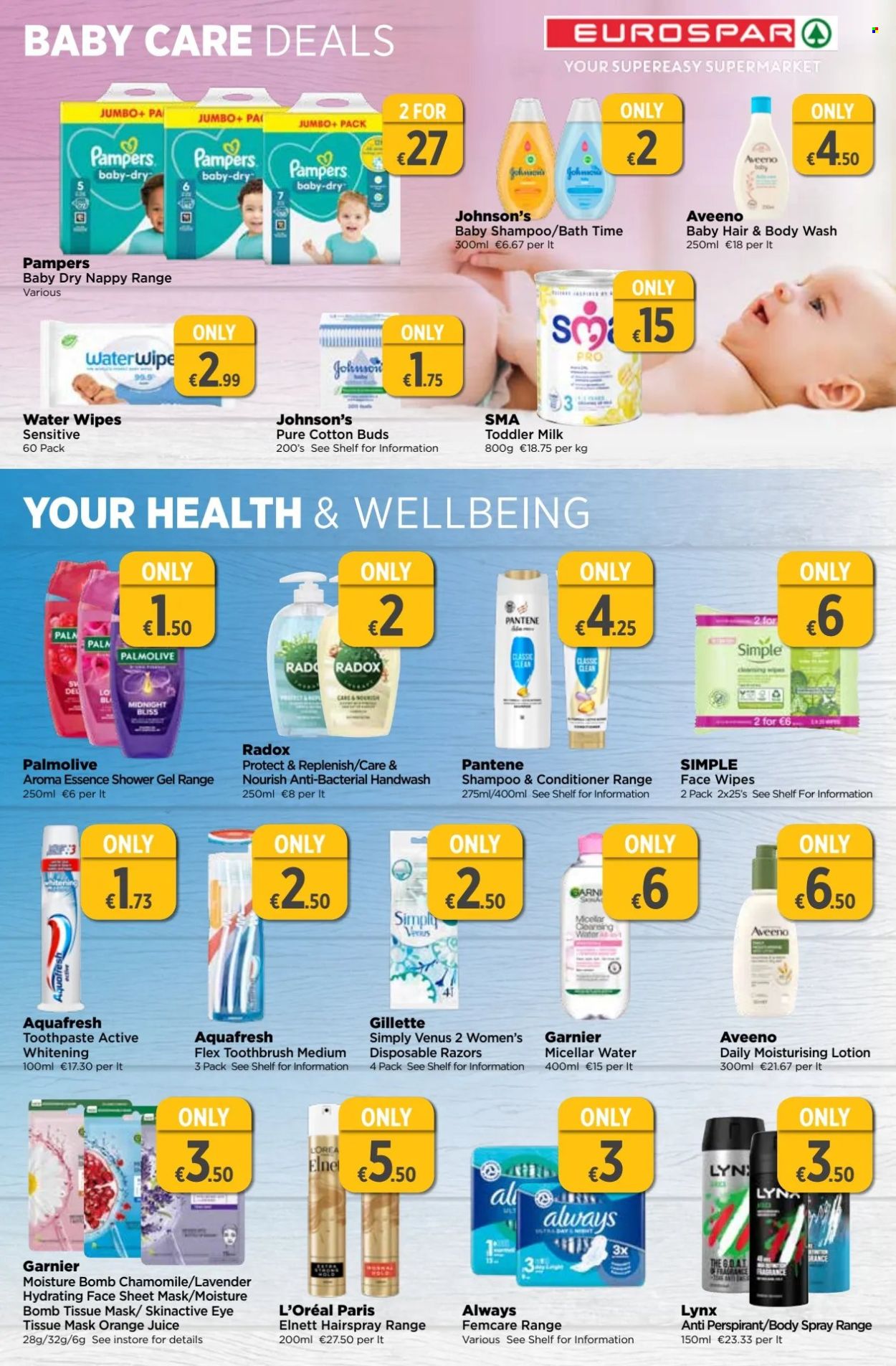 thumbnail - EUROSPAR offer  - 11.04.2024 - 01.05.2024 - Sales products - orange juice, juice, infant milk, wipes, Pampers, baby wipes, nappies, Johnson's, Aveeno, body wash, shampoo, shower gel, hair & body wash, hand wash, Palmolive, Radox, toothbrush, toothpaste, Garnier, L’Oréal, micellar water, conditioner, Pantene, hair styling product, body spray, fragrance, Gillette, Venus, disposable razor. Page 12.