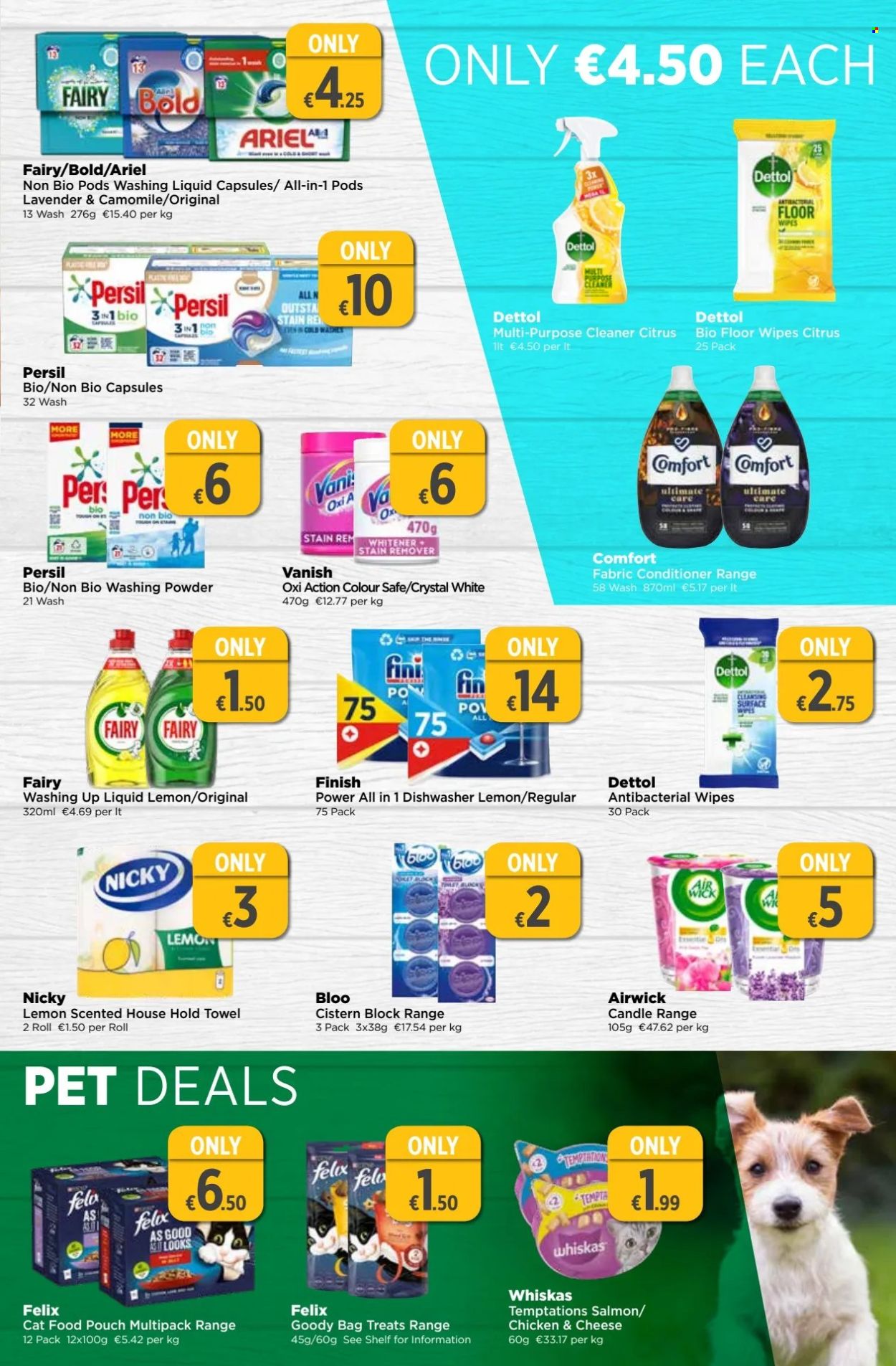 thumbnail - EUROSPAR offer  - 11.04.2024 - 01.05.2024 - Sales products - wipes, Dettol, cleaner, all purpose cleaner, stain remover, Fairy, Vanish, Persil, fabric softener, Ariel, laundry powder, Comfort softener, dishwashing liquid, safe, candle, air freshener, Air Wick, towel, animal food, cat food, Whiskas, Felix. Page 13.
