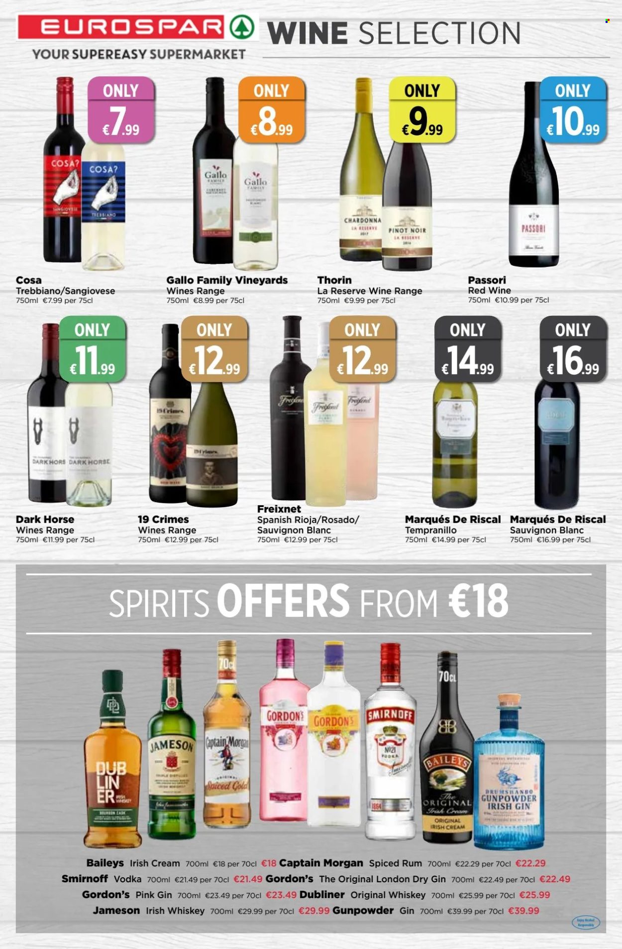 thumbnail - EUROSPAR offer  - 11.04.2024 - 01.05.2024 - Sales products - Baileys, red wine, white wine, wine, Pinot Noir, Gallo Family, alcohol, Tempranillo, Sauvignon Blanc, Captain Morgan, gin, rum, Smirnoff, spiced rum, vodka, whiskey, irish cream, irish whiskey, Jameson, liquor, Gordon's. Page 14.