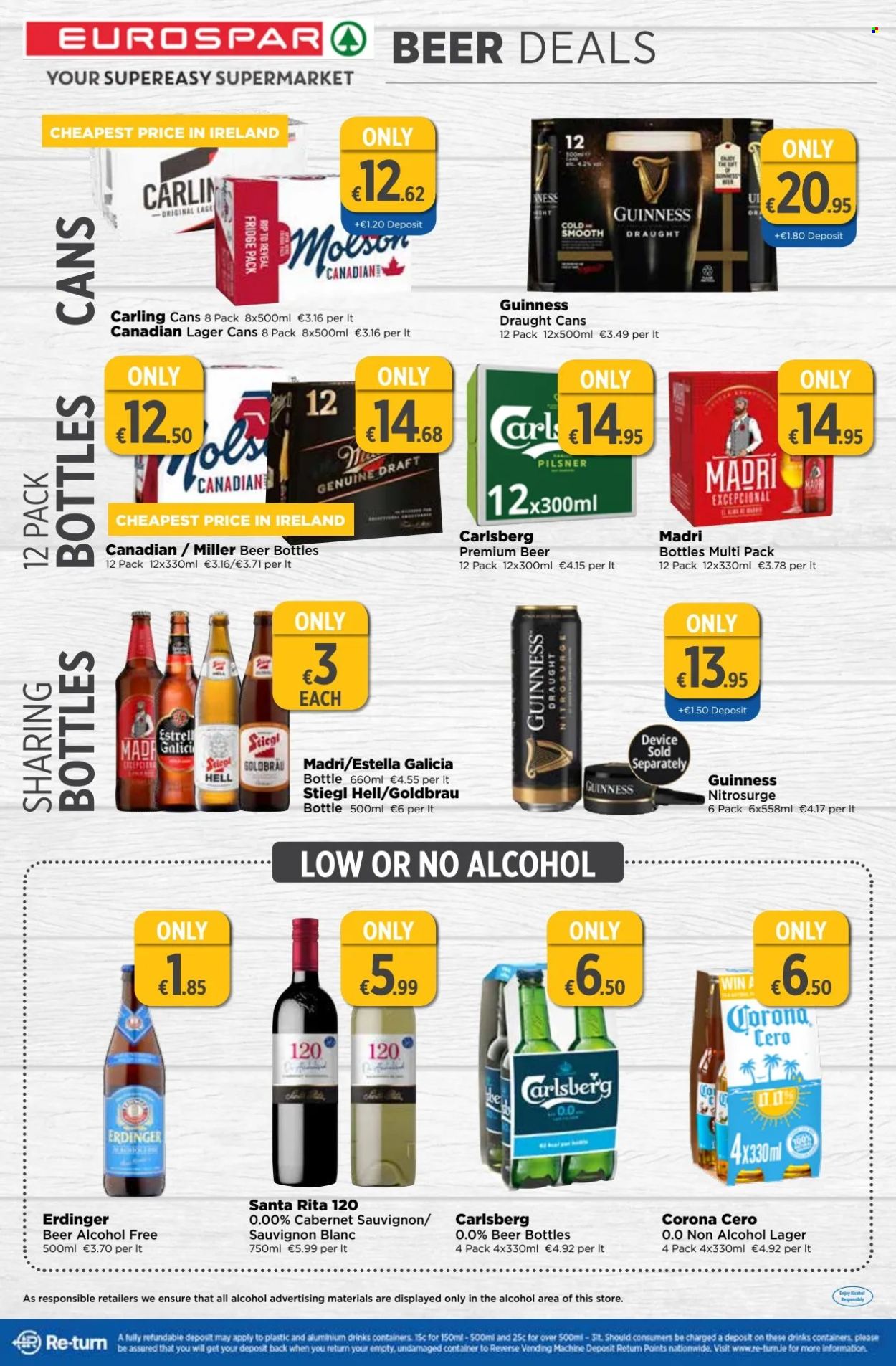 thumbnail - EUROSPAR offer  - 11.04.2024 - 01.05.2024 - Sales products - Cabernet Sauvignon, red wine, white wine, wine, Sauvignon Blanc, beer, Corona Extra, Carlsberg, Guinness, Carling, Miller, Lager, Erdinger, Madri, container, nutritional supplement. Page 15.