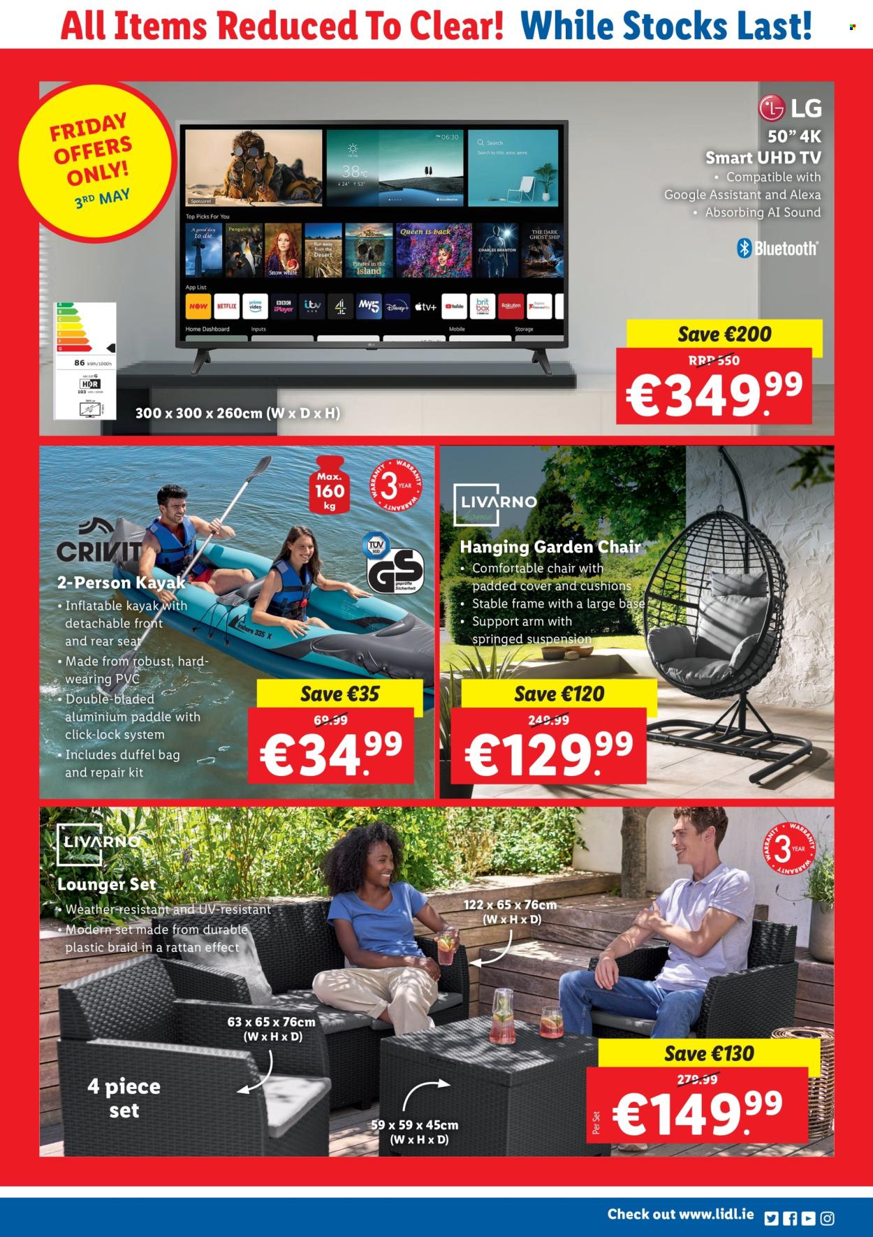 thumbnail - Lidl offer  - 03.05.2024 - 05.05.2024 - Sales products - chair, patio chair, lounger, patio swing, cushion, LG, UHD TV, TV, kayak. Page 2.