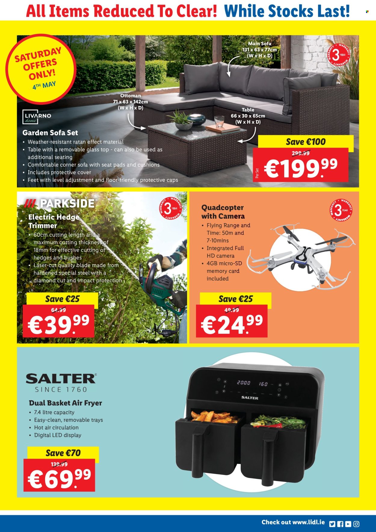thumbnail - Lidl offer  - 03.05.2024 - 05.05.2024 - Sales products - table, corner sofa, sofa, seating set, ottoman, cushion, laser, chair pad, quadcopter, memory card, camera, air fryer, cap, hedge trimmer. Page 3.
