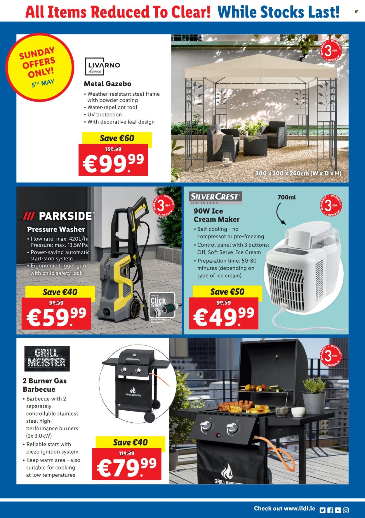 thumbnail - Lidl offer  - 03.05.2024 - 05.05.2024 - Sales products - water, repellent, compressor, ice cream machine, air compressor, pressure washer, gazebo, burner gas barbecue. Page 4.