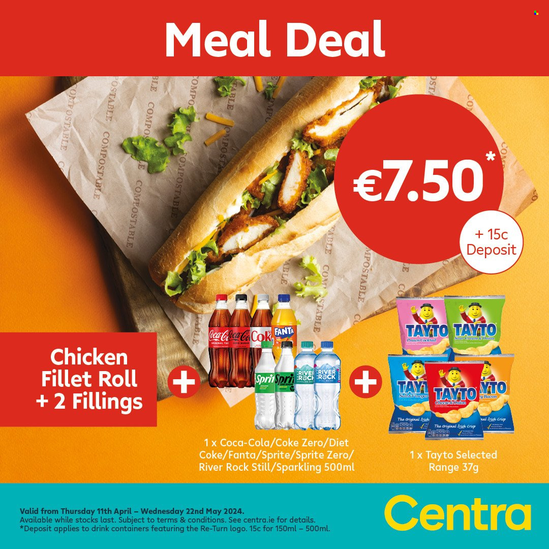 thumbnail - Centra offer  - 11.04.2024 - 22.05.2024 - Sales products - bacon, Tayto, crisps, Coca-Cola, Sprite, Fanta, Diet Coke, soft drink, Coca-Cola zero, Coke, carbonated soft drink, cocktail, chicken, chicken fillet, container. Page 1.