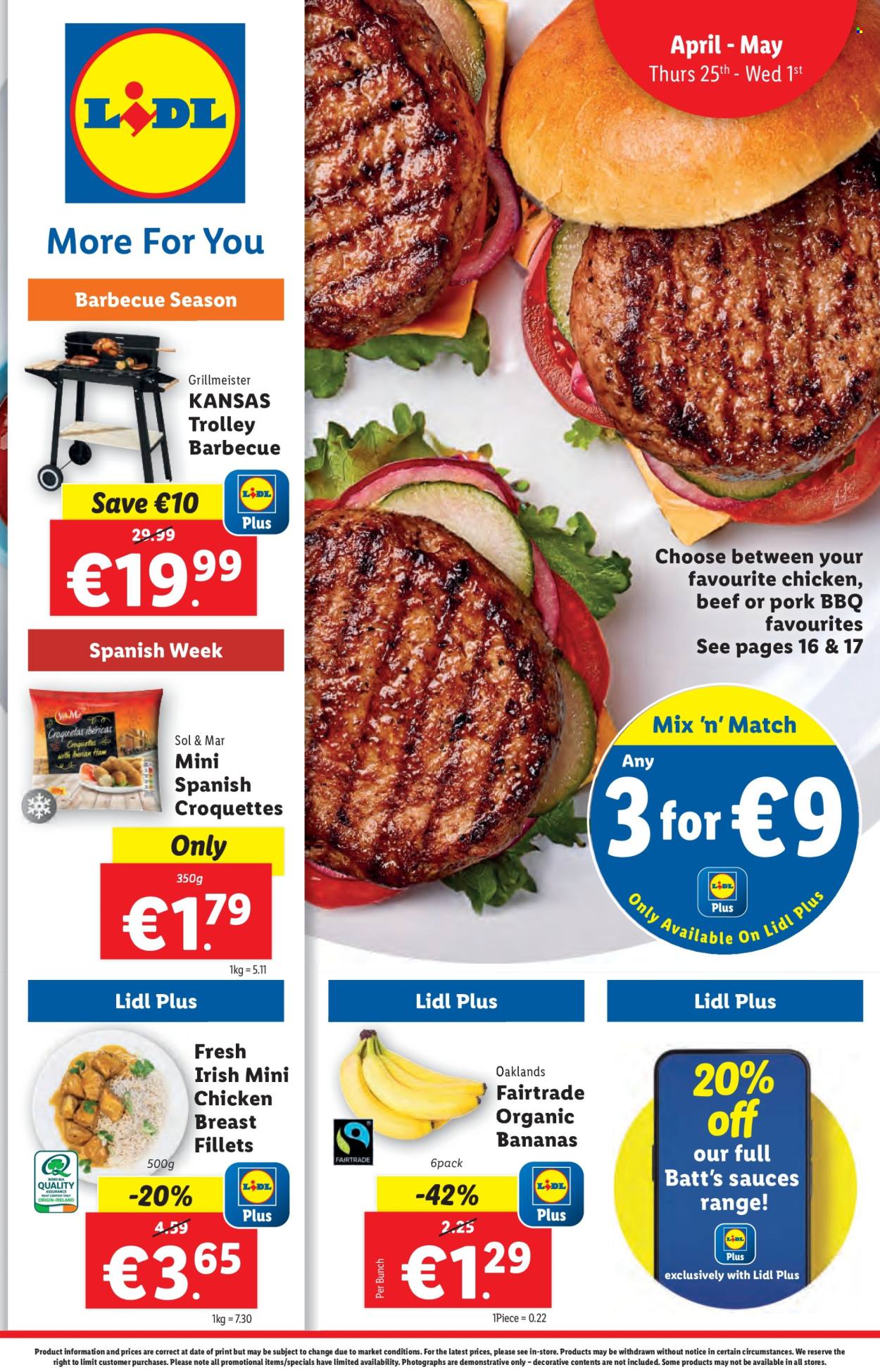 thumbnail - Lidl offer  - 25.04.2024 - 01.05.2024 - Sales products - trolley, Sol & Mar, bananas, organic bananas, chicken breasts, croquettes, chicken, grill, sauce. Page 1.