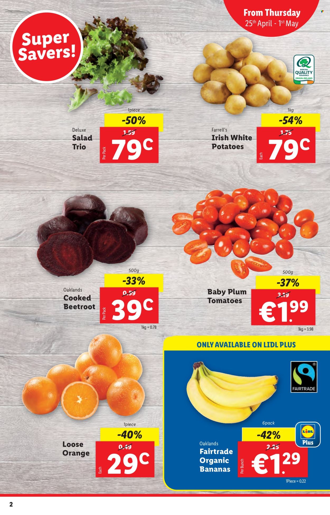 thumbnail - Lidl offer  - 25.04.2024 - 01.05.2024 - Sales products - tomatoes, potatoes, salad, beetroot, bananas, organic bananas. Page 2.