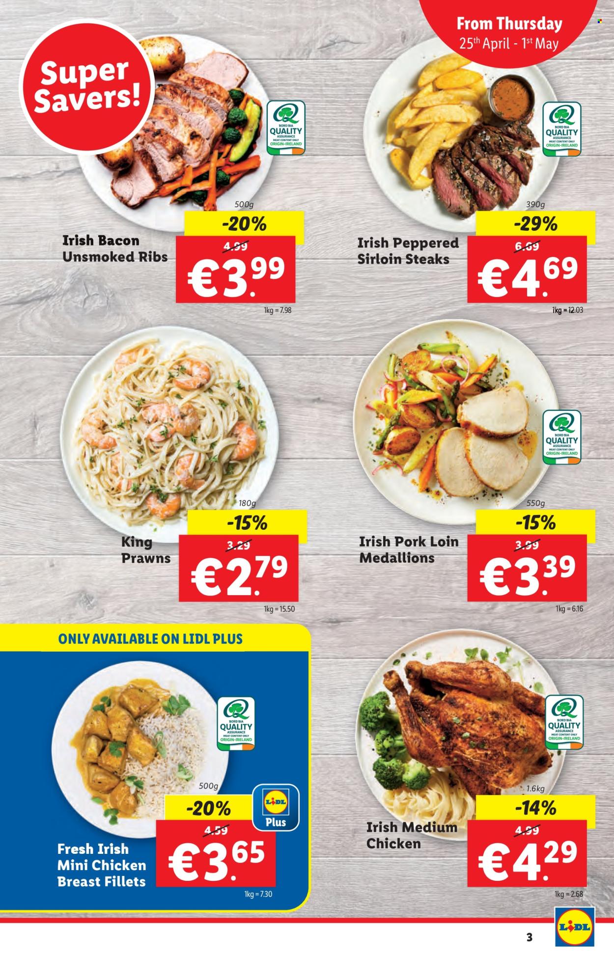 thumbnail - Lidl offer  - 25.04.2024 - 01.05.2024 - Sales products - prawns, bacon, chicken breasts, chicken, steak, sirloin steak, ribs, pork loin, pork meat. Page 3.