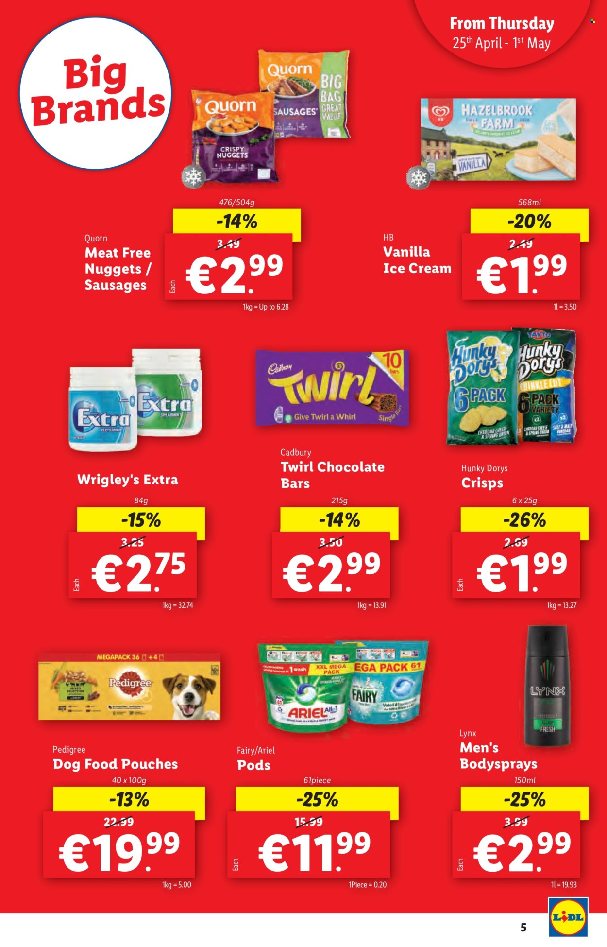 thumbnail - Lidl offer  - 25.04.2024 - 01.05.2024 - Sales products - green onion, nuggets, sausage, cheddar, ice cream, chewing gum, Cadbury, chocolate bar, Wrigley's, crisps, baby food pouch, Fairy, Ariel, animal food, dog food, Pedigree. Page 5.