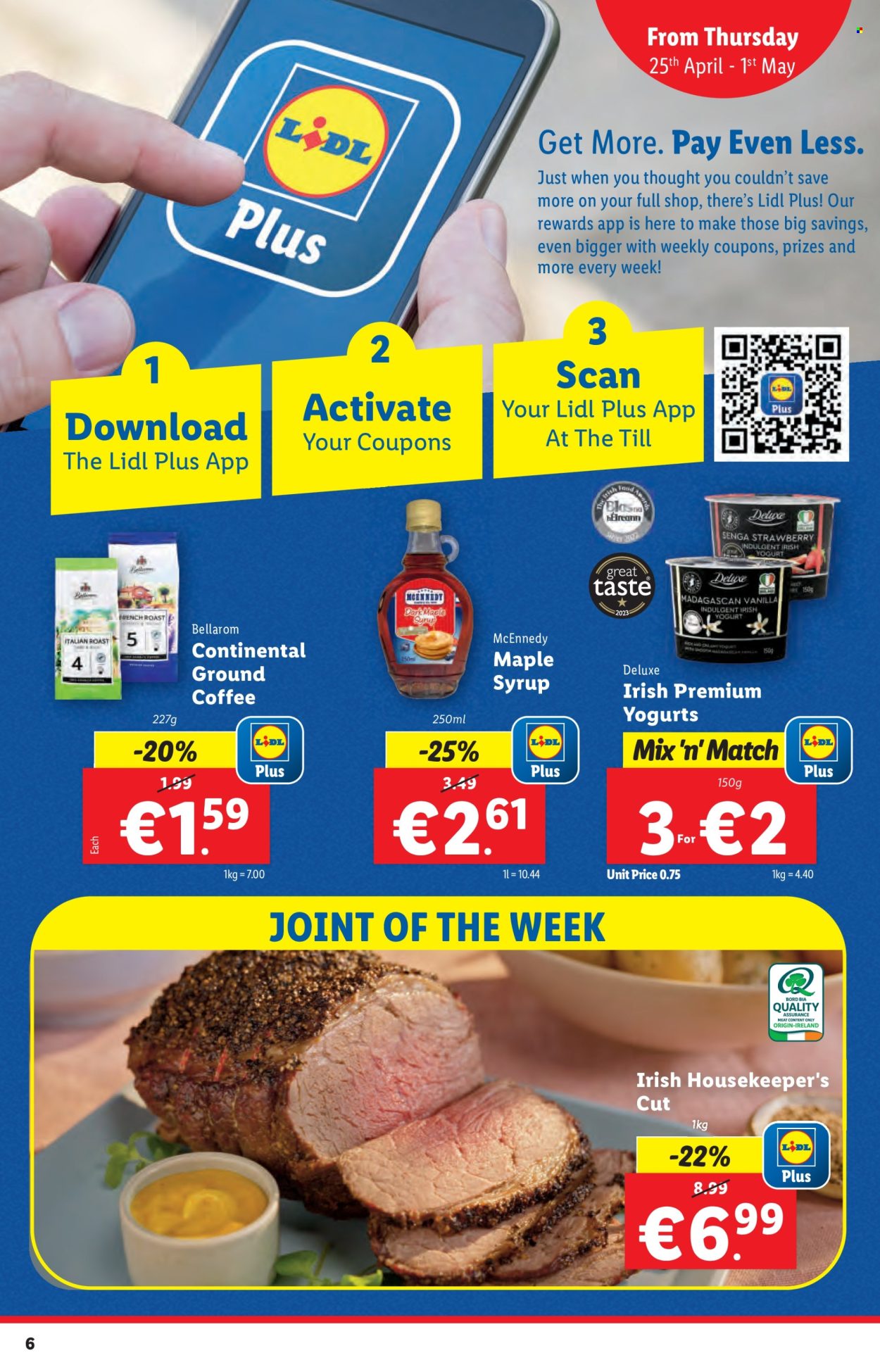 thumbnail - Lidl offer  - 25.04.2024 - 01.05.2024 - Sales products - Continental, yoghurt, maple syrup, syrup, coffee, ground coffee, beef meat, Plus Plus. Page 6.