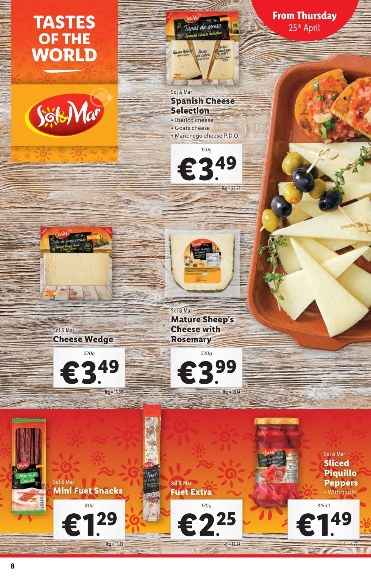 thumbnail - Lidl offer  - 25.04.2024 - 01.05.2024 - Sales products - Sol & Mar, snack, salami, tapas, Fuet, Manchego, cheese, herbs, fork. Page 8.