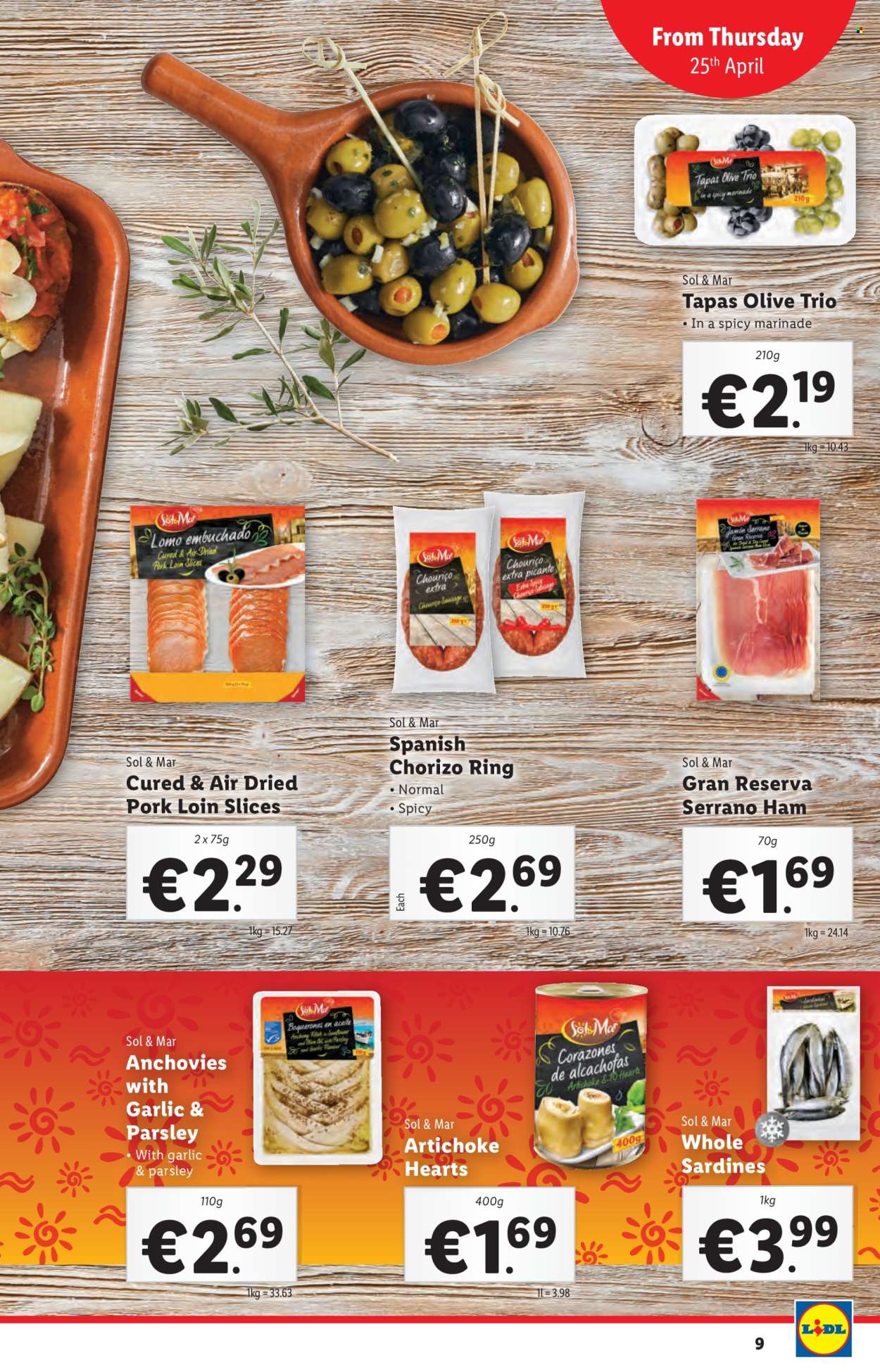 thumbnail - Lidl offer  - 25.04.2024 - 01.05.2024 - Sales products - Sol & Mar, artichoke, sardines, ham, chorizo, tapas, anchovies, olives, pork loin, savage. Page 9.