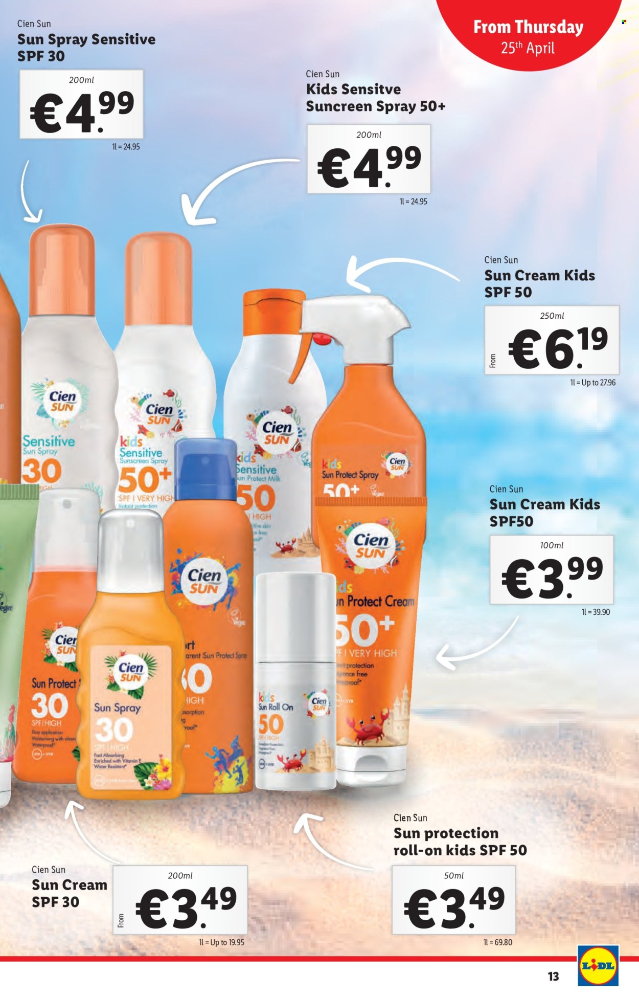 thumbnail - Lidl offer  - 25.04.2024 - 01.05.2024 - Sales products - milk, Cien, sun care, sunscreen lotion, sun spray, sun cream, sun cosmetics, roll-on. Page 13.