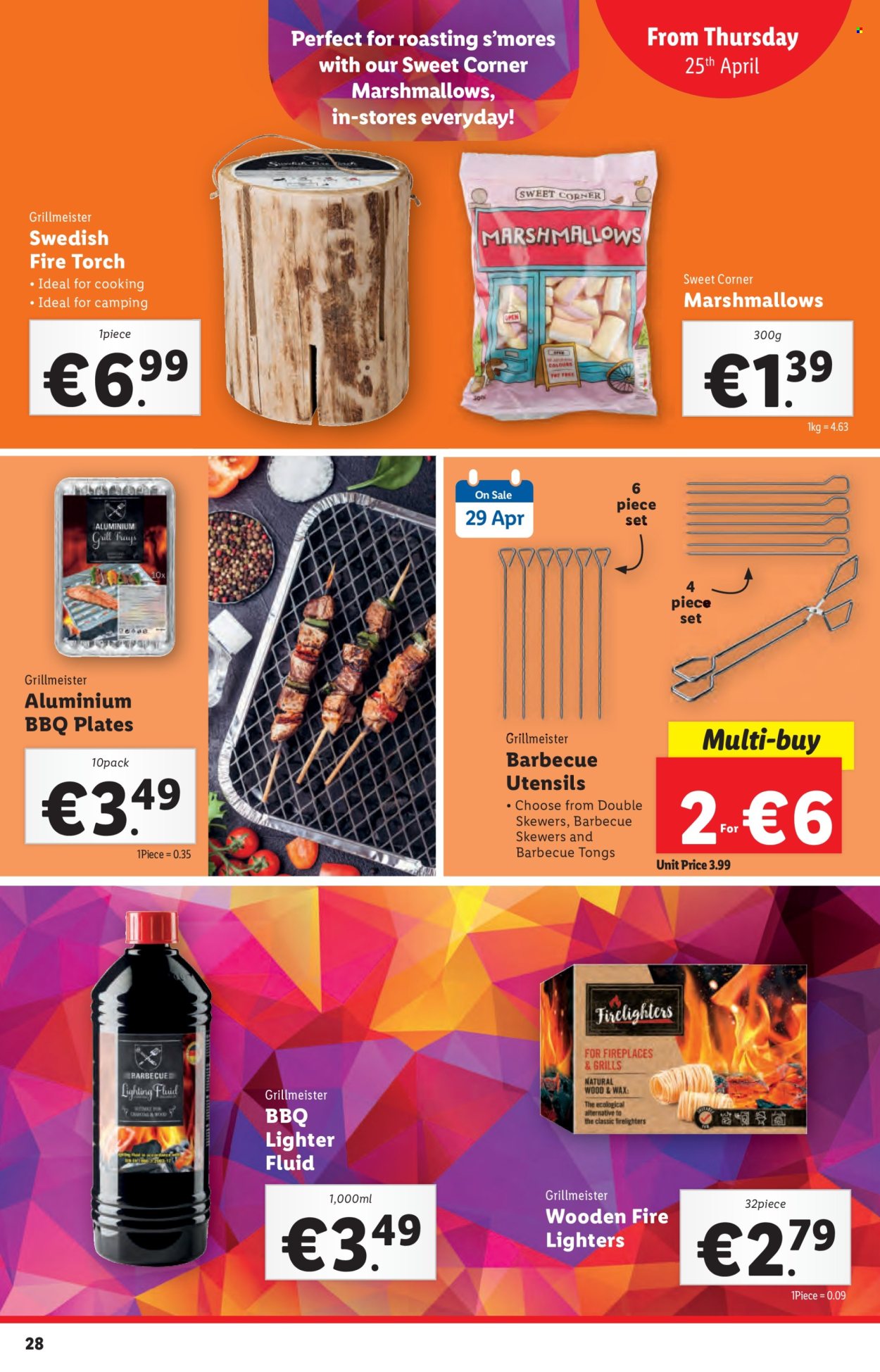 thumbnail - Lidl offer  - 25.04.2024 - 01.05.2024 - Sales products - marshmallows, firelighter, lighter fluid, tong, utensils, plate, lighting, fireplace, grill, torch. Page 28.