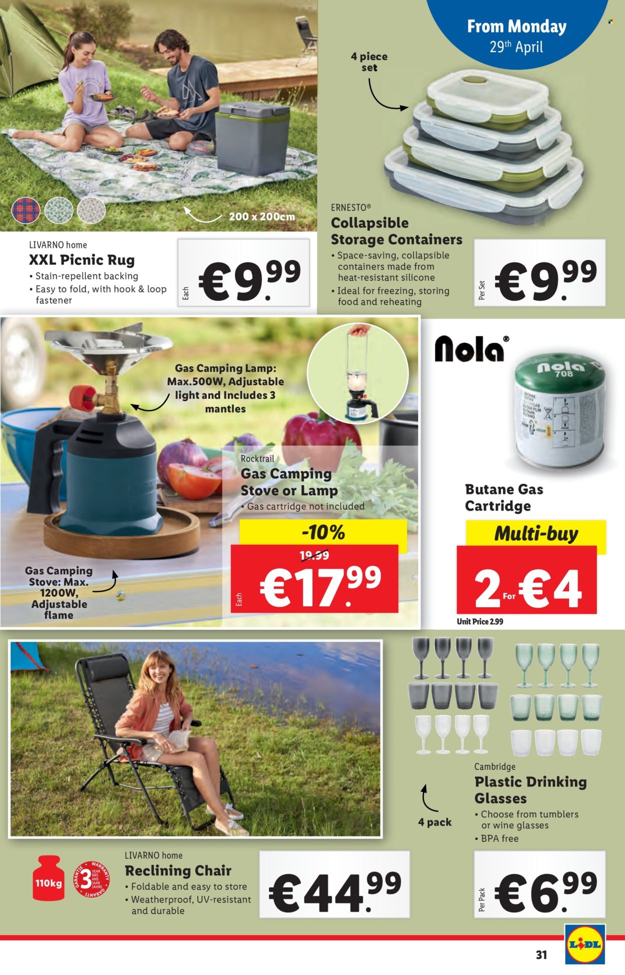 thumbnail - Lidl offer  - 25.04.2024 - 01.05.2024 - Sales products - storage container, chair, container, storage bin, repellent, gas cartridge, Ernesto, tumbler, wine glass, drinks glasses, stove, lamp, rug, picnic rug. Page 31.