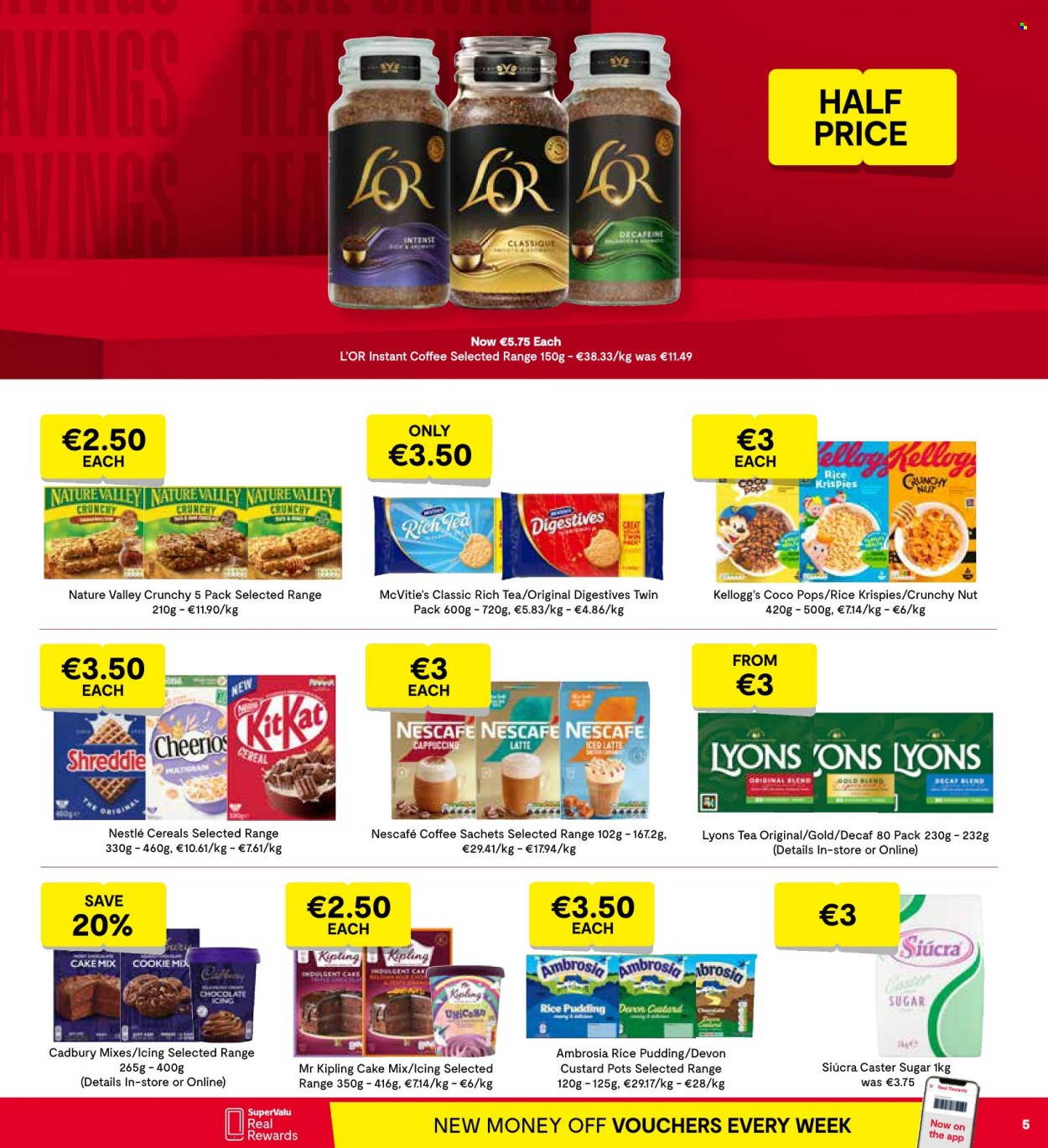 thumbnail - SuperValu offer  - 18.04.2024 - 01.05.2024 - Sales products - cake mix, custard, rice pudding, Nestlé, chocolate wafer, KitKat, Kellogg's, Cadbury, frosting, sugar, caster sugar, baking mix, cereals, Cheerios, coco pops, Rice Krispies, Nature Valley, tea, Lyons, cappuccino, coffee, instant coffee, Nescafé, L'Or. Page 7.