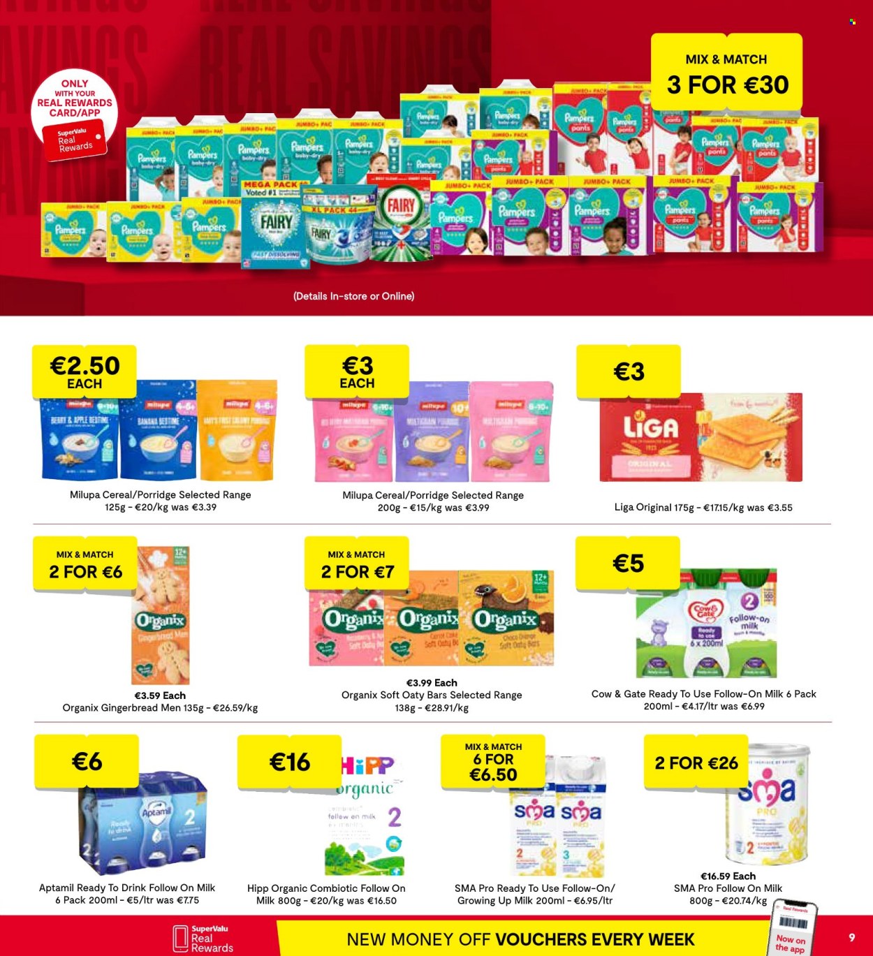 thumbnail - SuperValu offer  - 18.04.2024 - 01.05.2024 - Sales products - gingerbread, milk, bars, cereals, porridge, Pampers, nappies, Fairy. Page 11.