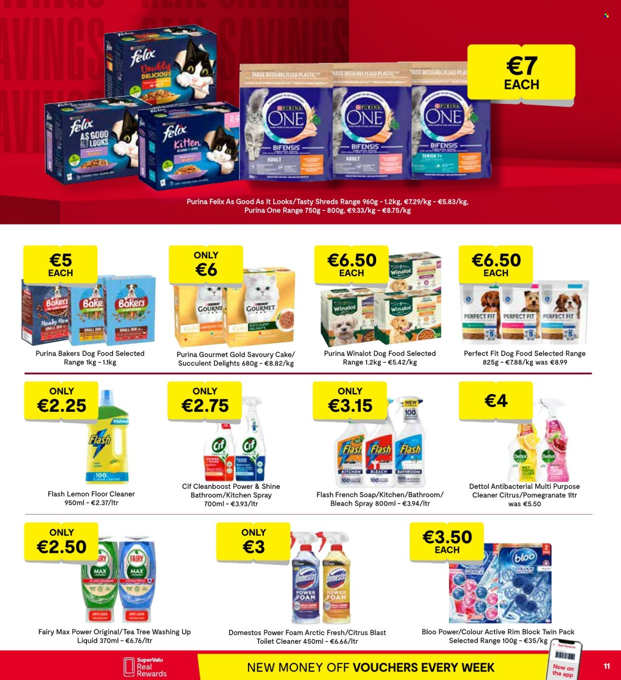 thumbnail - SuperValu offer  - 18.04.2024 - 01.05.2024 - Sales products - cake, lemons, tea, Dettol, Domestos, cleaner, bleach, liquid cleaner, all purpose cleaner, floor cleaner, toilet cleaner, Fairy, Cif, dishwashing liquid, soap, animal food, dog food, Purina, Felix, Winalot, Gourmet Gold, Bakers. Page 13.
