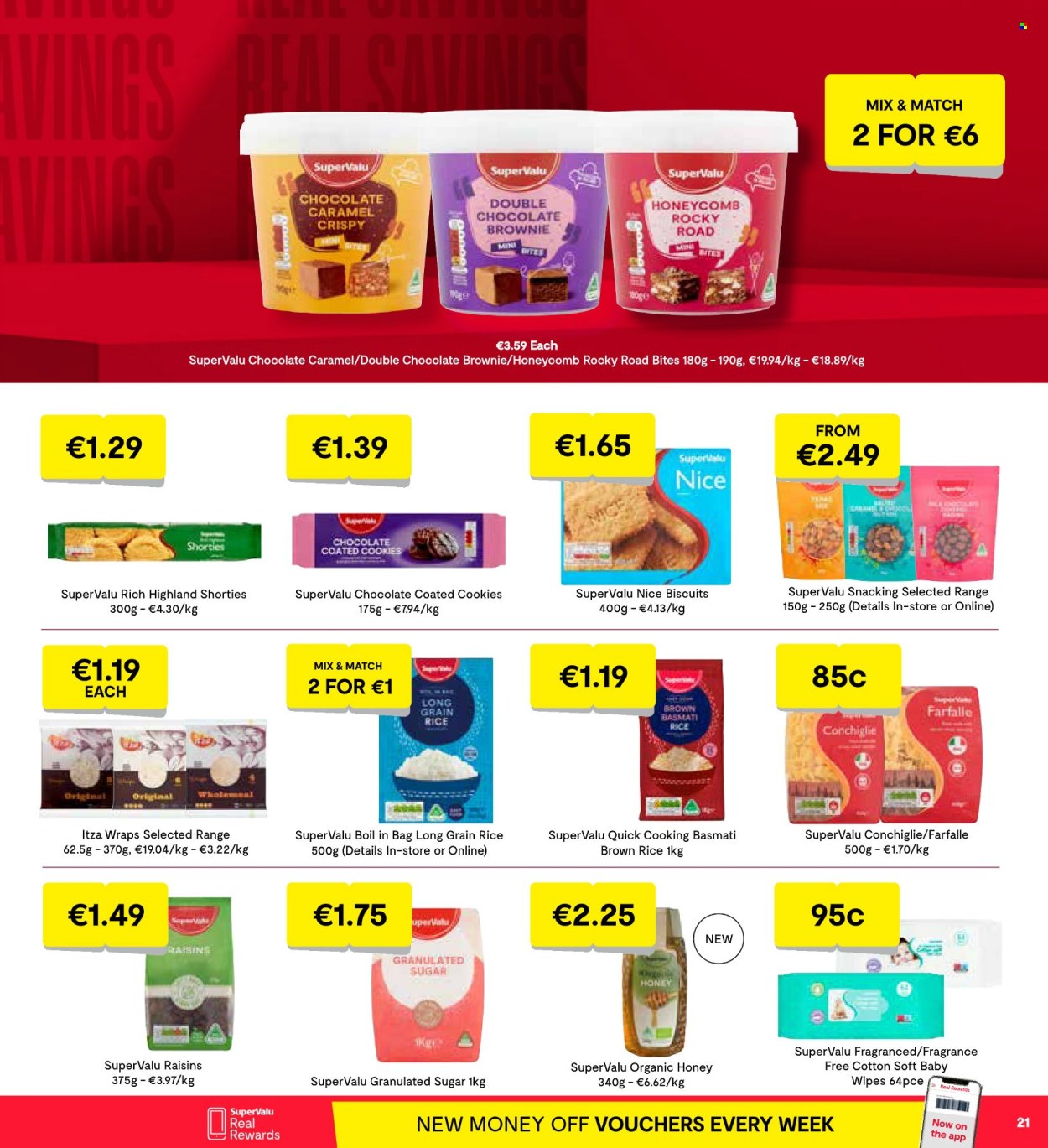 thumbnail - SuperValu offer  - 18.04.2024 - 01.05.2024 - Sales products - wraps, brownies, pasta, cookies, biscuit, salty snack, granulated sugar, sugar, basmati rice, brown rice, long grain rice, caramel, honey, raisins, wipes, baby wipes. Page 23.