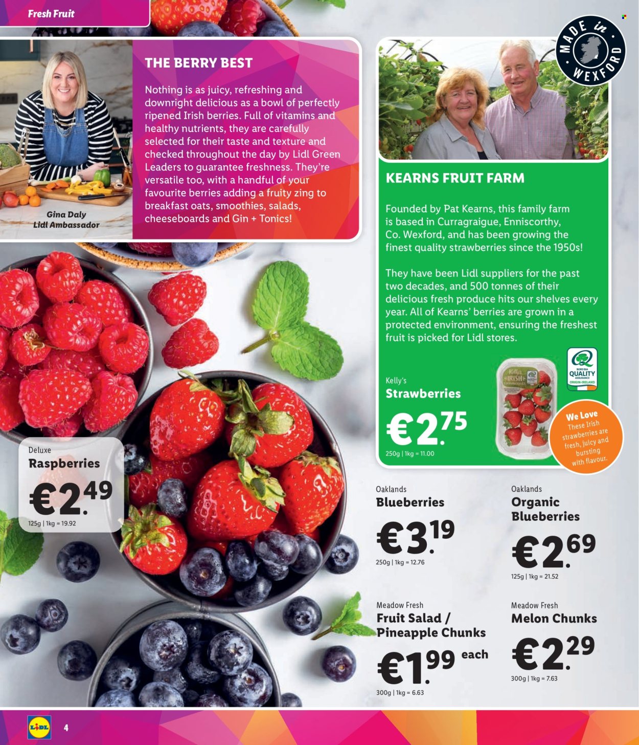 thumbnail - Lidl offer  - Sales products - shelves, salad, blueberries, raspberries, melons, diced fruit, oats, fruit salad, smoothie, alcohol, gin, dietary supplement, vitamins. Page 4.