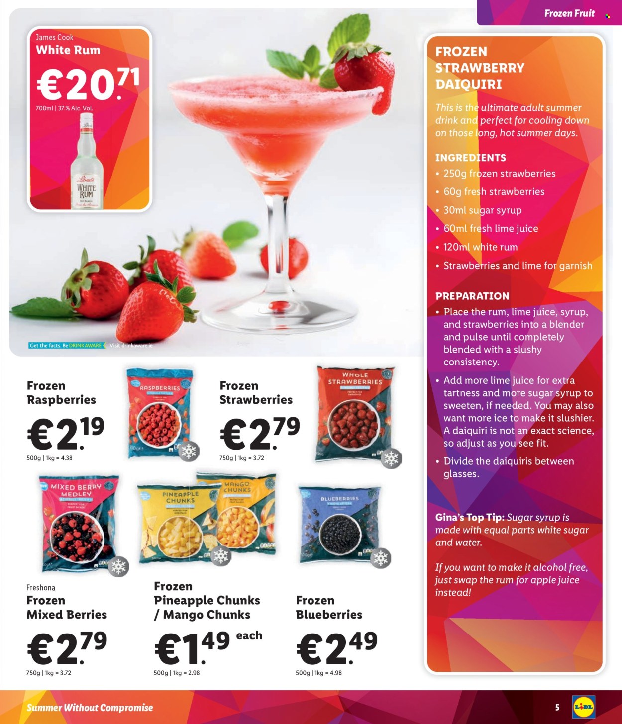 thumbnail - Lidl offer  - Sales products - diced fruit, frozen berries, frozen fruit, syrup, apple juice, lime juice, rum. Page 5.