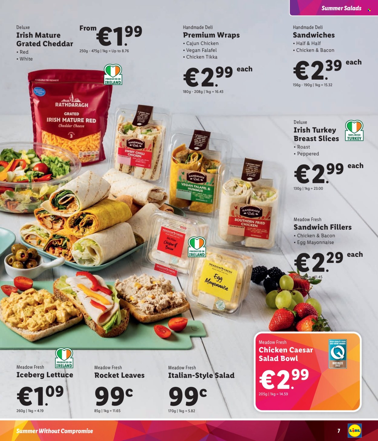 thumbnail - Lidl offer  - Sales products - wraps, rocket, lettuce, salad, sandwich, fried chicken, roast, ready meal, plant based ready meal, falafel, turkey ham, hummus, sandwich filling, cheddar, cheese, Half and half, eggs. Page 7.