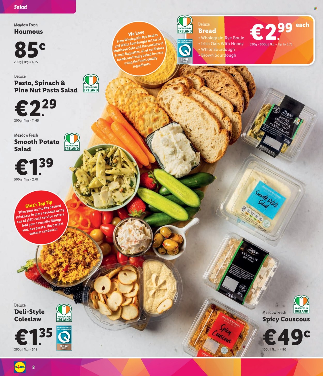 thumbnail - Lidl offer  - Sales products - bread, pastries, coleslaw, salad, sandwich, pasta, oats, pesto. Page 8.