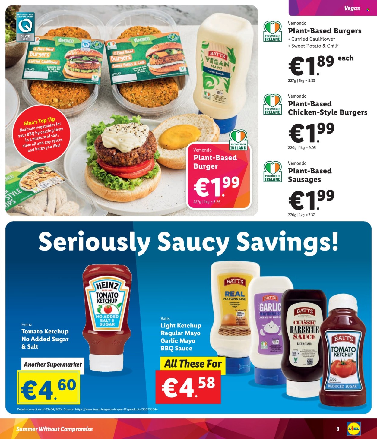 thumbnail - Lidl offer  - Sales products - cauliflower, garlic, plant based ready meal, plant based product, vegan meat, sausage, mayonnaise, vegan mayonnaise, Heinz, pickles, pickled vegetables, spice, BBQ sauce, ketchup, olive oil, eggs, sauce. Page 9.