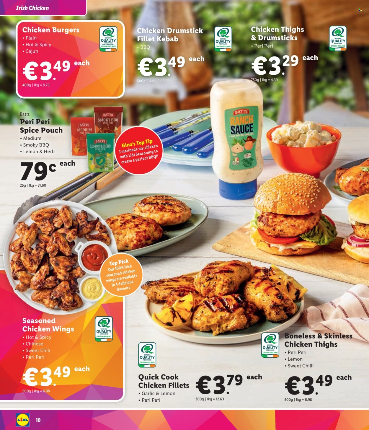 thumbnail - Lidl offer  - Sales products - hamburger, kabobs, chicken wings, spice, seasoning, marinade, chicken thighs, chicken drumsticks, chicken fillet, sauce. Page 10.