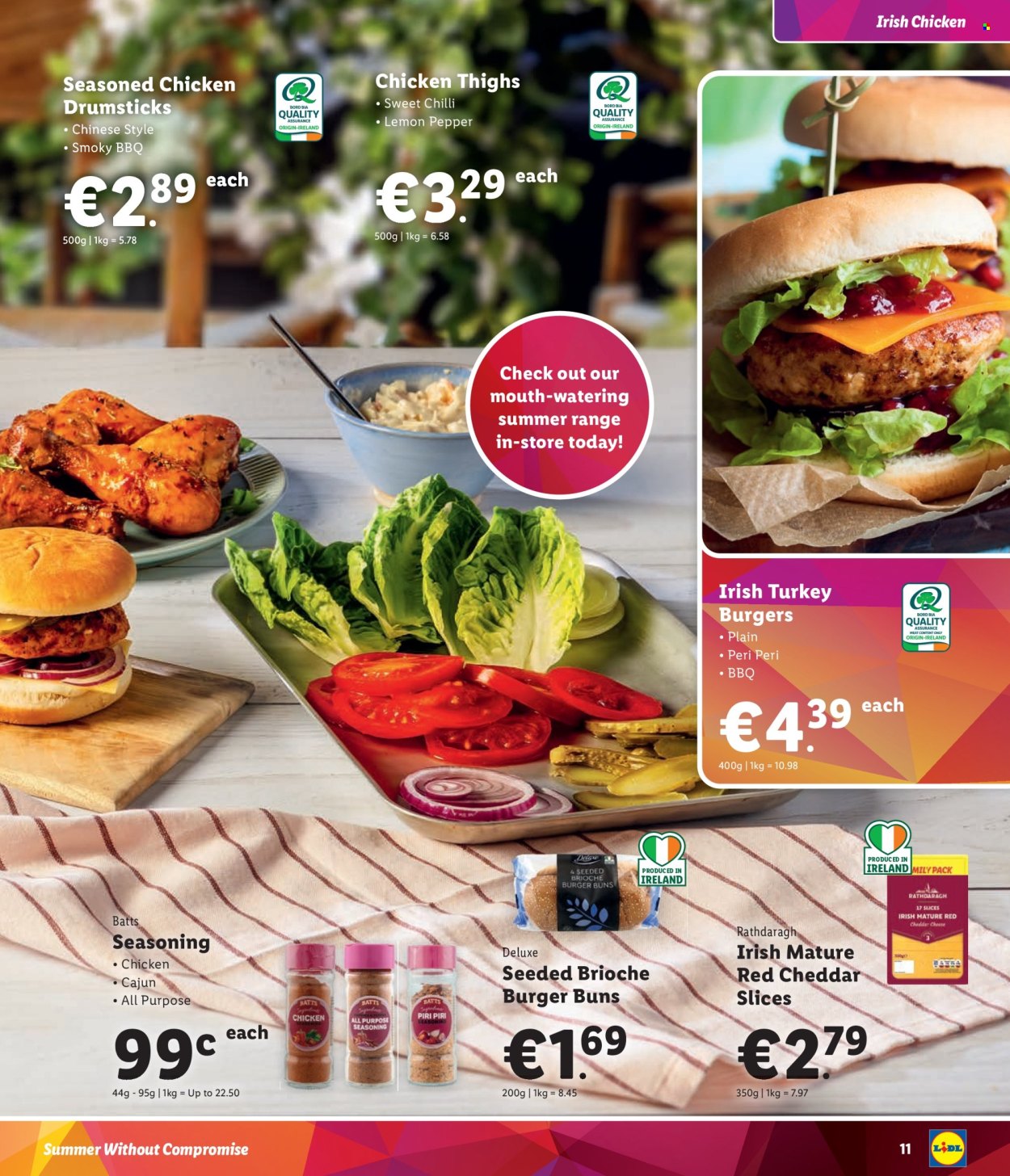 thumbnail - Lidl offer  - Sales products - buns, burger buns, brioche, sliced cheese, cheddar, cheese, pepper, spice, seasoning, chicken thighs, chicken drumsticks, chicken, turkey burger. Page 11.