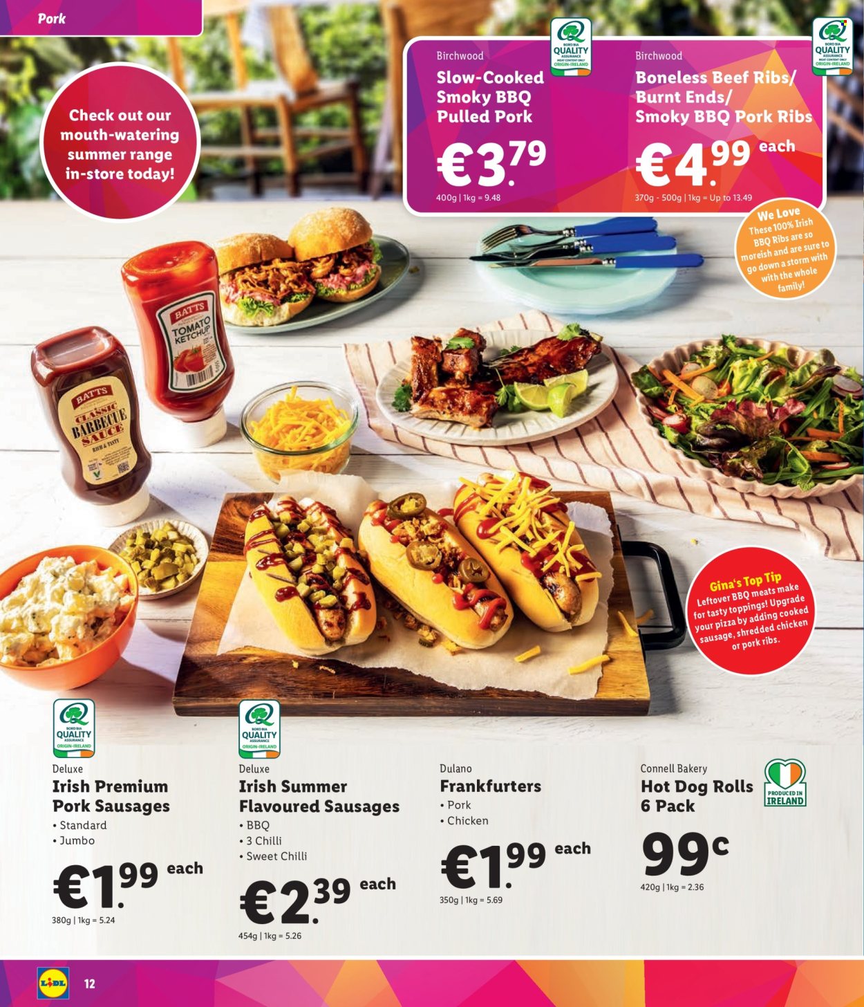 thumbnail - Lidl offer  - Sales products - hot dog rolls, pizza, pulled pork, ready meal, sausage, pork sausage, frankfurters, topping, BBQ sauce, ketchup, beef meat, beef ribs, pork meat, pork ribs. Page 12.