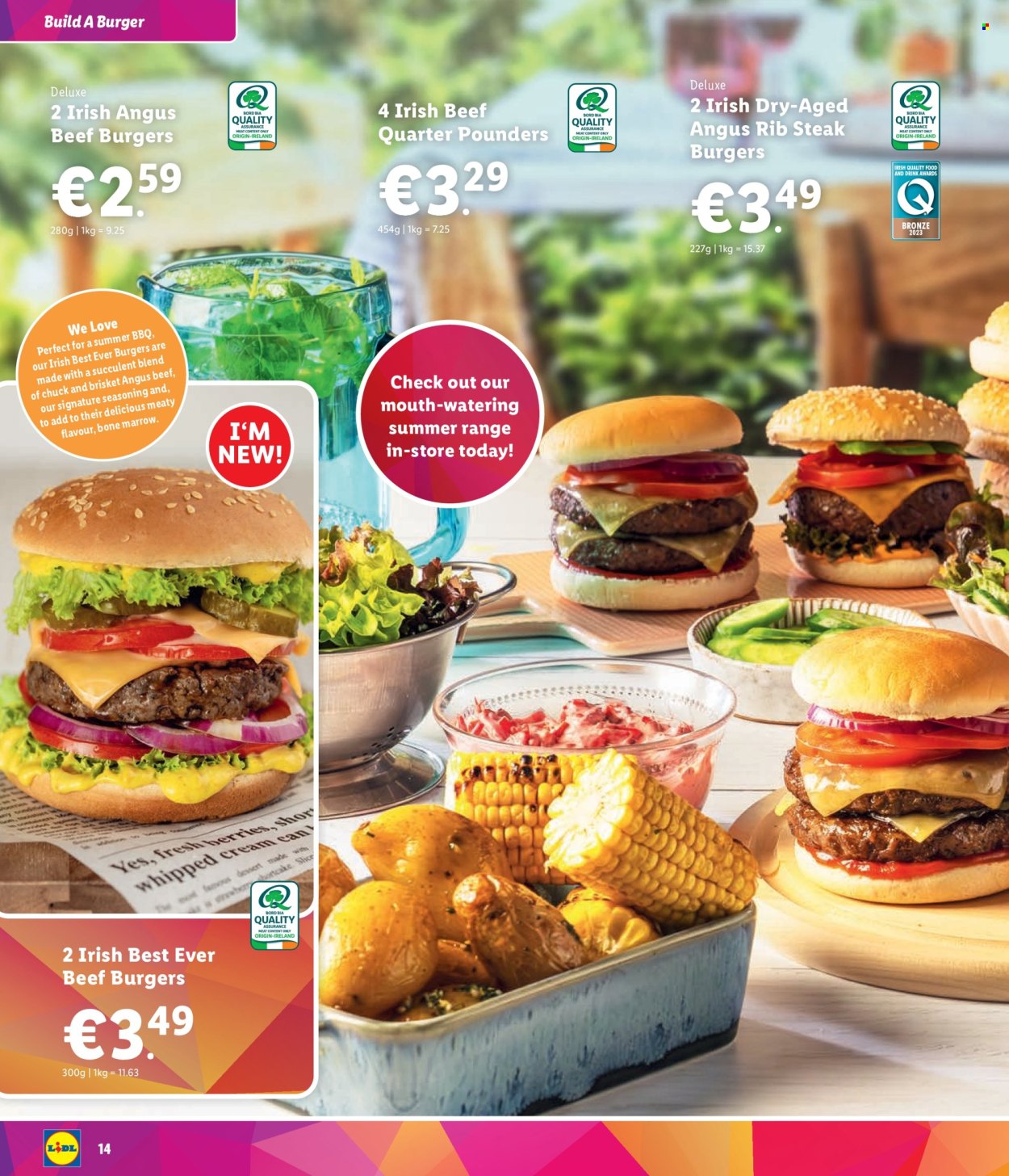 thumbnail - Lidl offer  - Sales products - dessert, beef burger, brisket, whipped cream, spice, seasoning, beef steak, steak, succulent. Page 14.