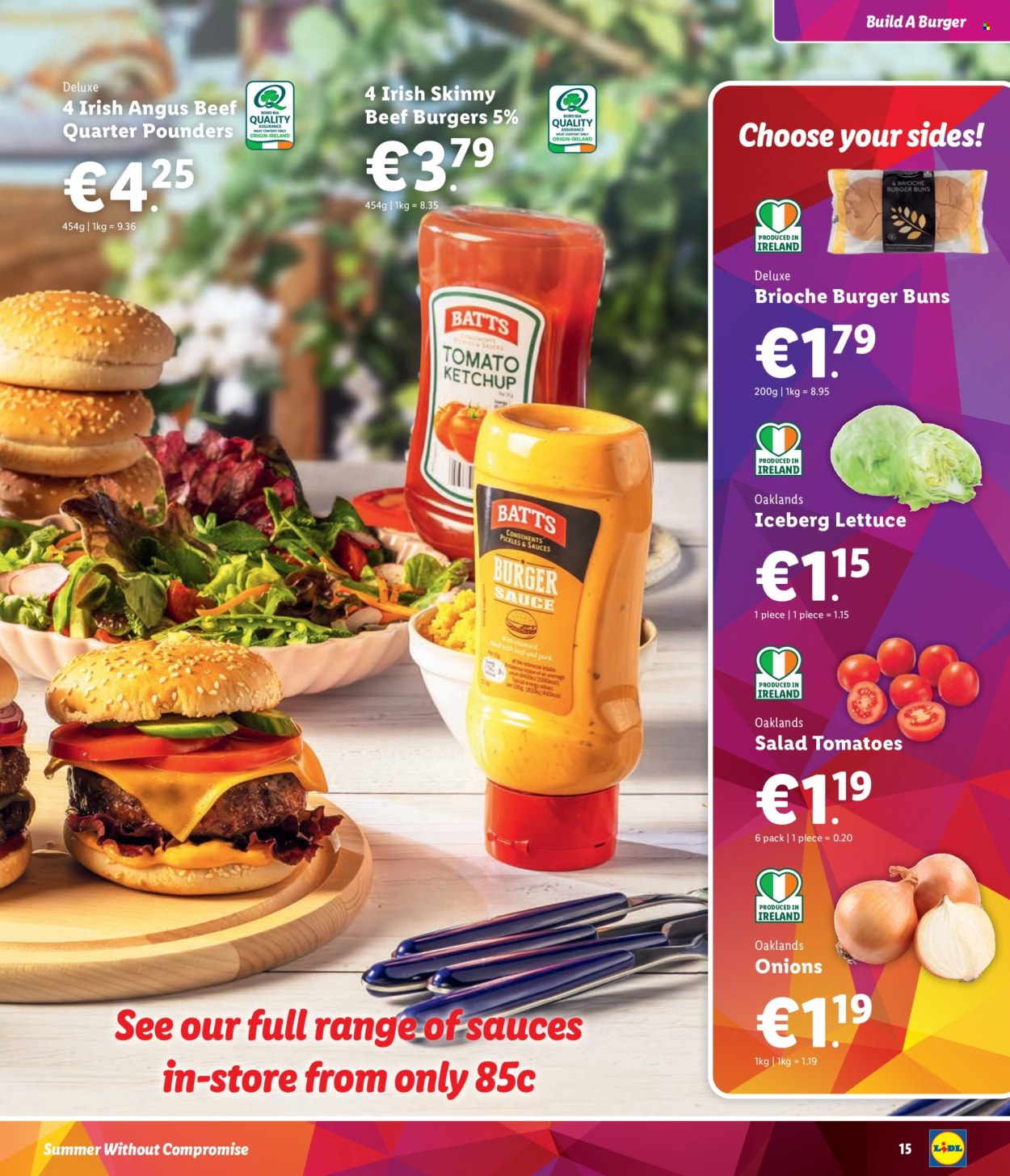 thumbnail - Lidl offer  - Sales products - buns, burger buns, brioche, tomatoes, onion, lettuce, salad tomatoes, beef burger, pickles, pickled vegetables, ketchup, sauce. Page 15.