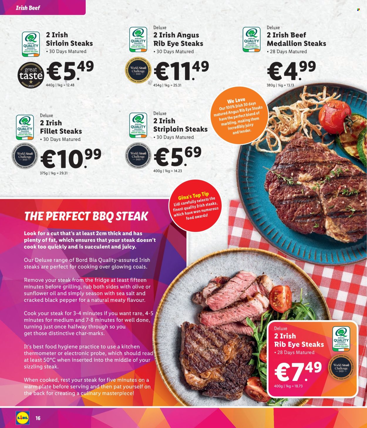 thumbnail - Lidl offer  - Sales products - olives, black pepper, beef meat, steak, sirloin steak, striploin steak, Plenty, thermometer, plate, succulent. Page 16.