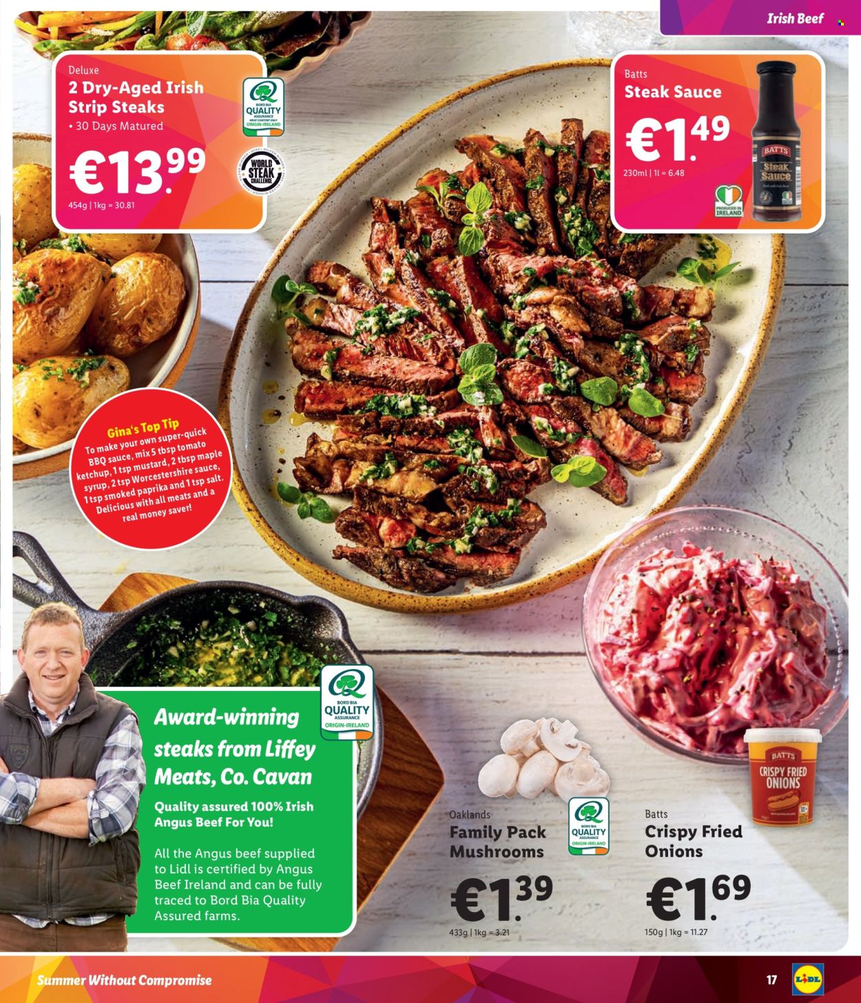 thumbnail - Lidl offer  - Sales products - mushrooms, onion rings, fried onions, BBQ sauce, mustard, steak sauce, worcestershire sauce, ketchup, maple syrup, syrup, beef meat, striploin steak, sauce. Page 17.