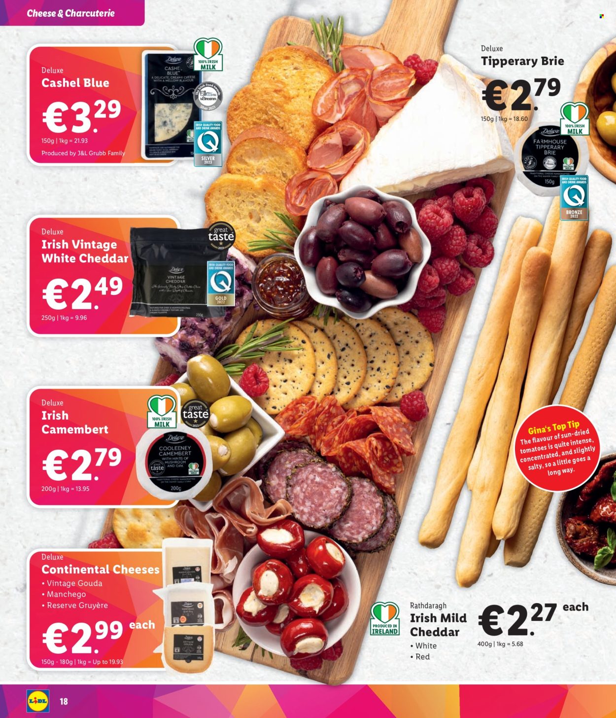 thumbnail - Lidl offer  - Sales products - charcuterie, camembert, gouda, Gruyere, Manchego, mild cheddar, cheddar, brie, milk, flavoured milk, dried tomatoes. Page 18.