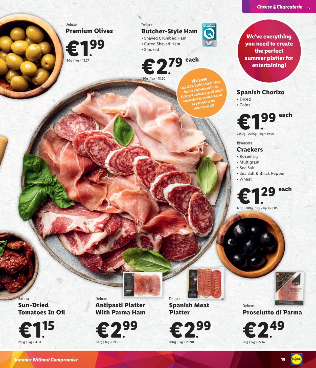 thumbnail - Lidl offer  - Sales products - salad, sandwich, ham, prosciutto, chorizo, antipasti, charcuterie, Prosciutto di Parma, crackers, dried tomatoes, olives, rosemary. Page 19.