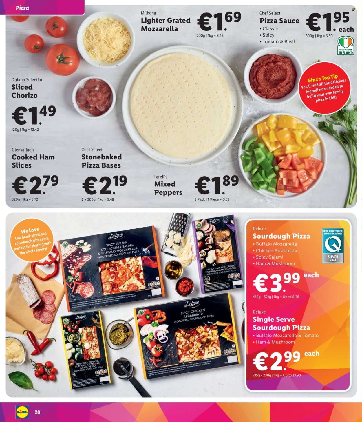 thumbnail - Lidl offer  - Sales products - portobello mushrooms, pastries, cooked ham, salami, ham, chorizo, cheese, pizza dough, family pizza, tomato sauce, pizza sauce, chicken. Page 20.