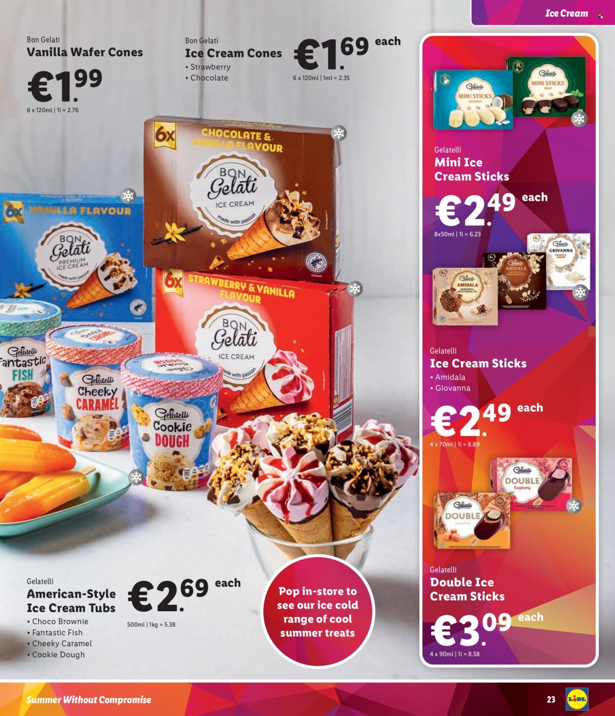 thumbnail - Lidl offer  - Sales products - ice cream, ice cream bars, ice cones, cocoa, mint. Page 23.