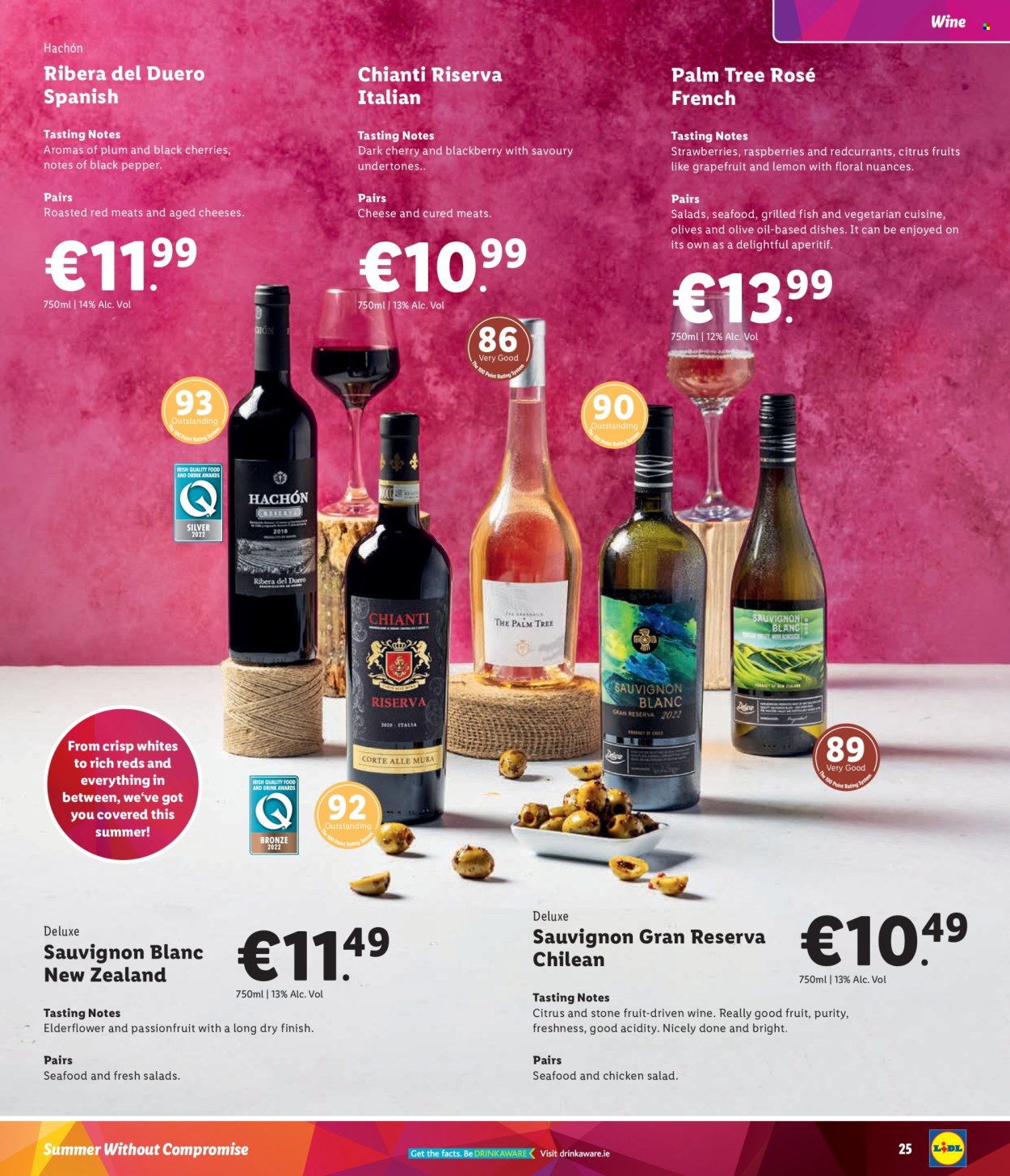 thumbnail - Lidl offer  - Sales products - salad, grapefruits, raspberries, seafood, cheese, olive oil, oil, wine, alcohol, Chianti, aperitif, Purity. Page 25.
